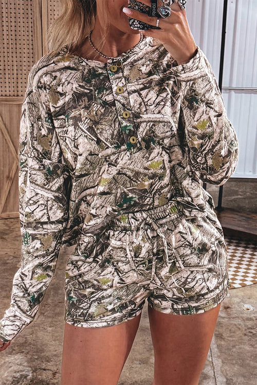 Camo Long Sleeve Elastic Waist Shorts Two Piece Set
