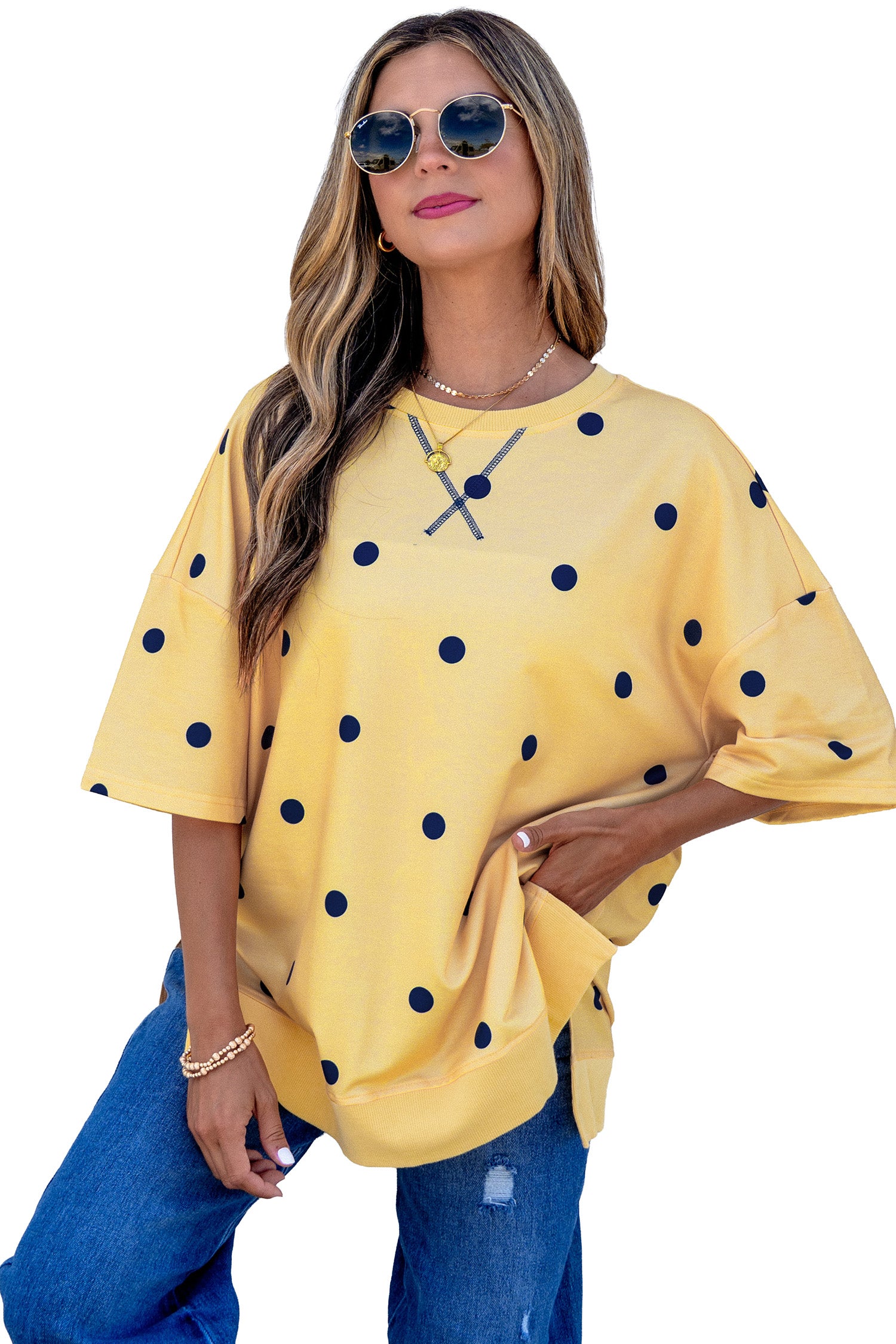 Sky Blue Polka Dot Print Crossed Seam Detail Oversize Top