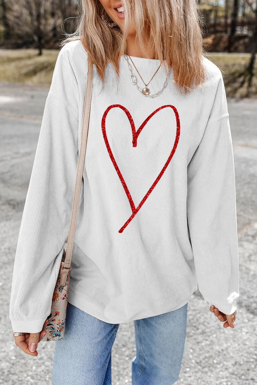 White Glittering Heart Printed Corded Sweatshirt