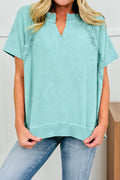 Mint Green Raw Cut Notched Neck Lace Patchwork Detail Mineral Wash Top