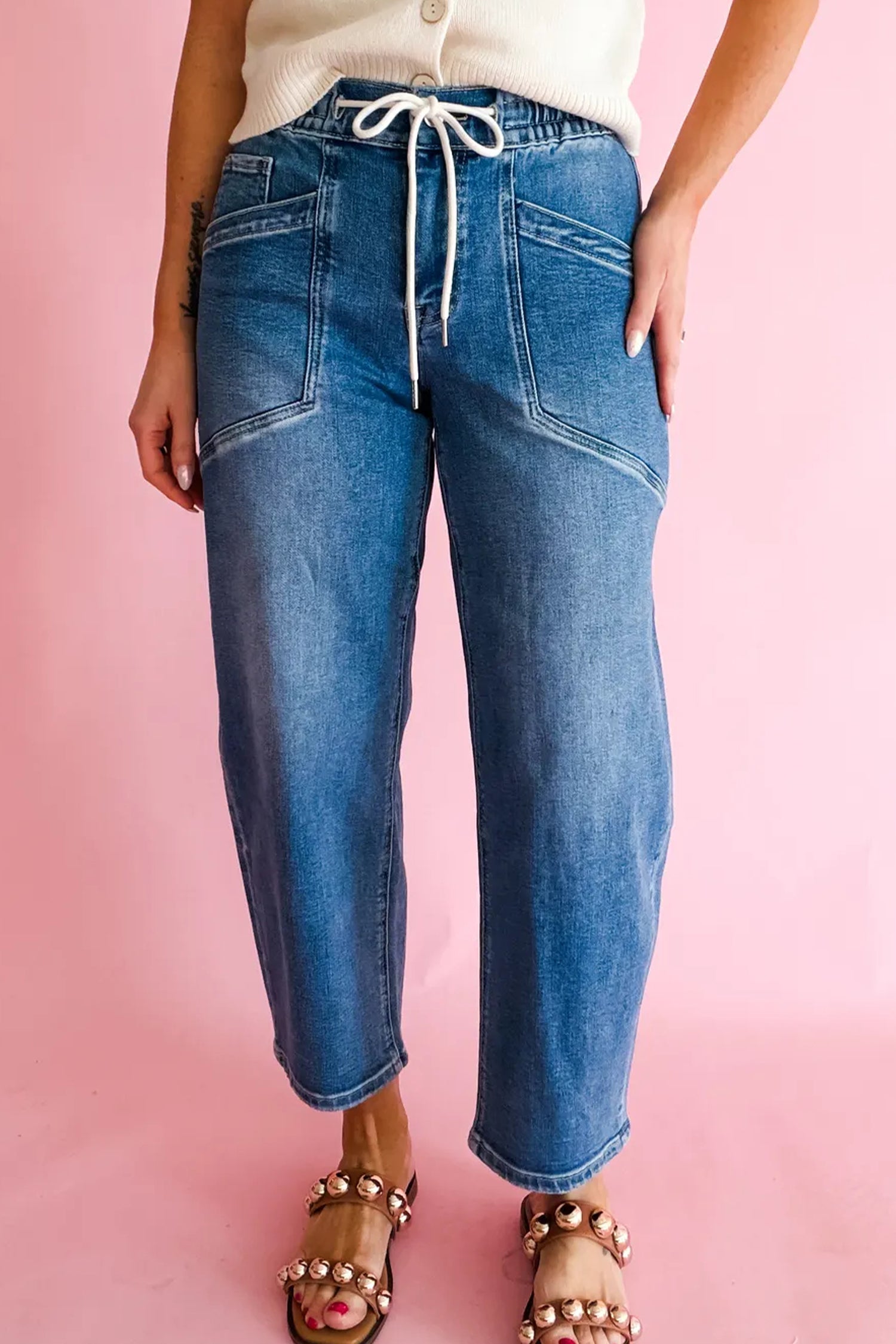 Ashleigh Blue Drawstring Waist Ankle Length Casual Jeans Pocket Detail Denim Pants