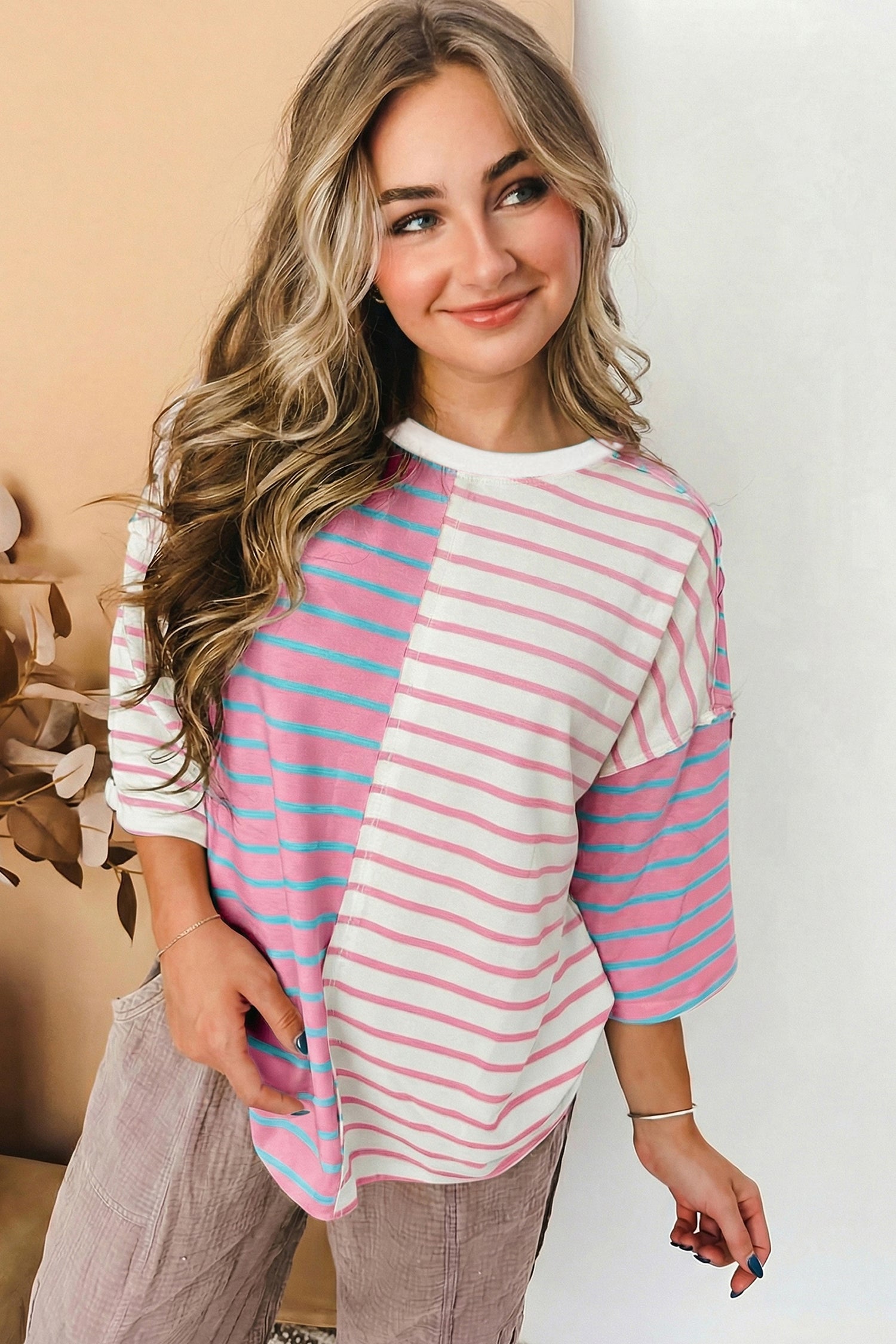 Stripe Colorblock 3/4 Sleeve Loose Top