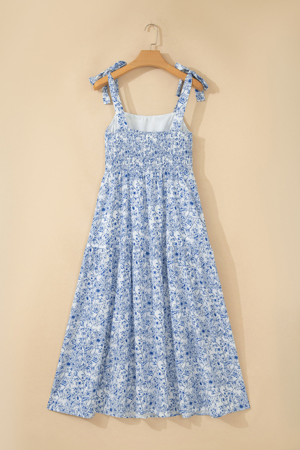 Sky Blue Floral Print Knot Straps High Waist Flared Maxi Dress