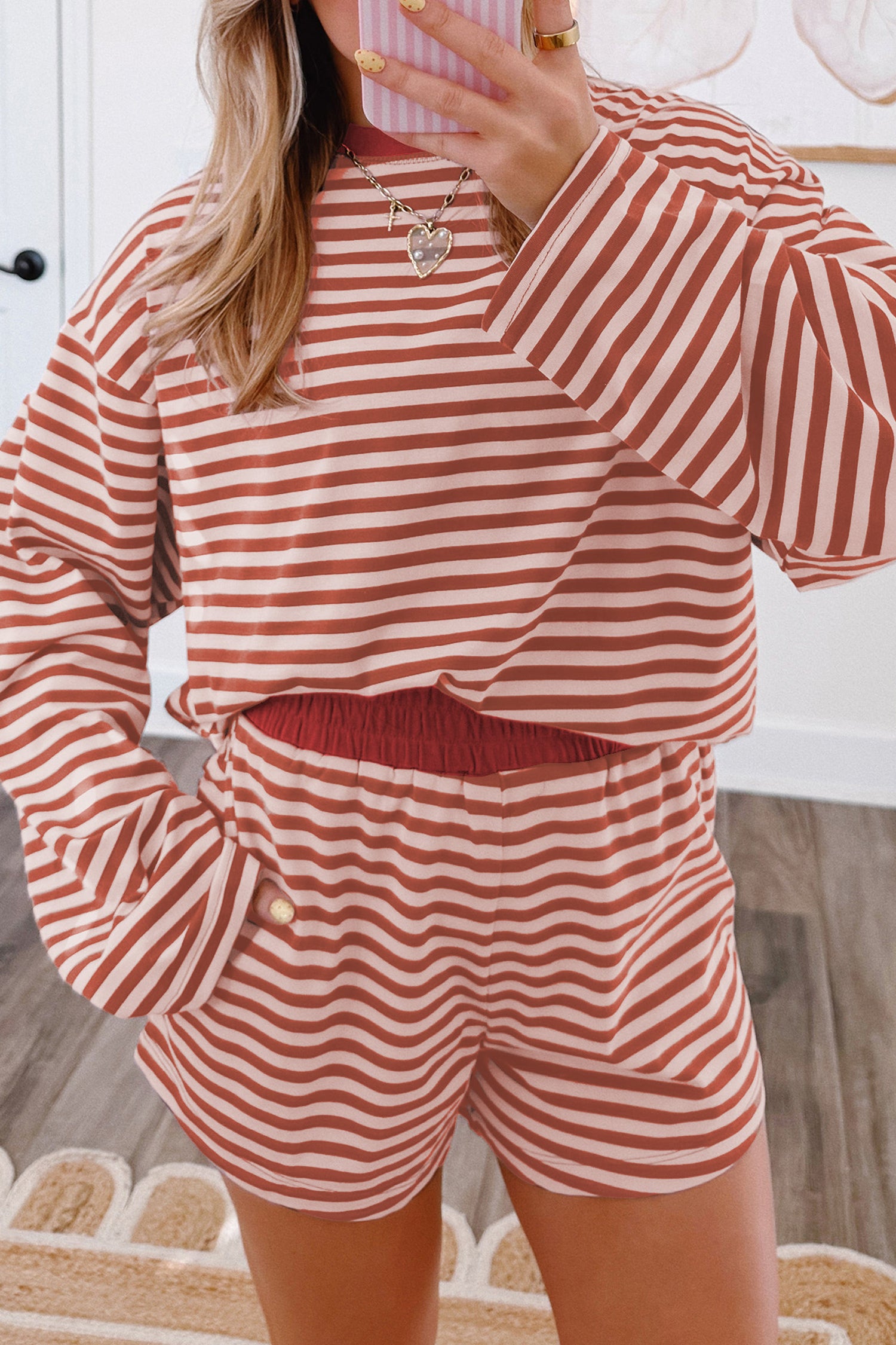 Stripe Relaxed Long Sleeve Top Contrast Elastic Waistband Two Piece Set