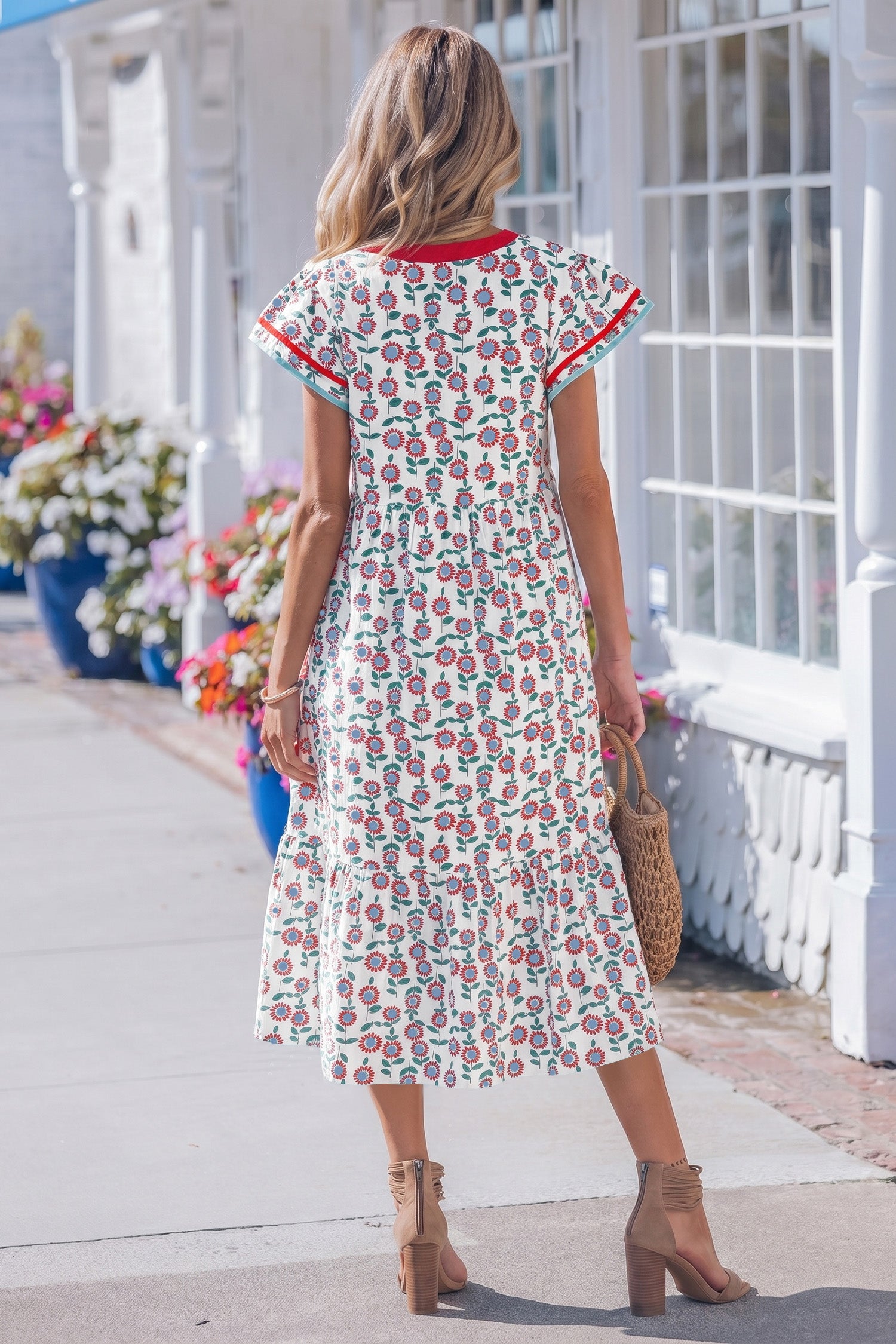 Sky Blue Cute Sunflower Printed Striped Patchwork Trim Flutter Dress
