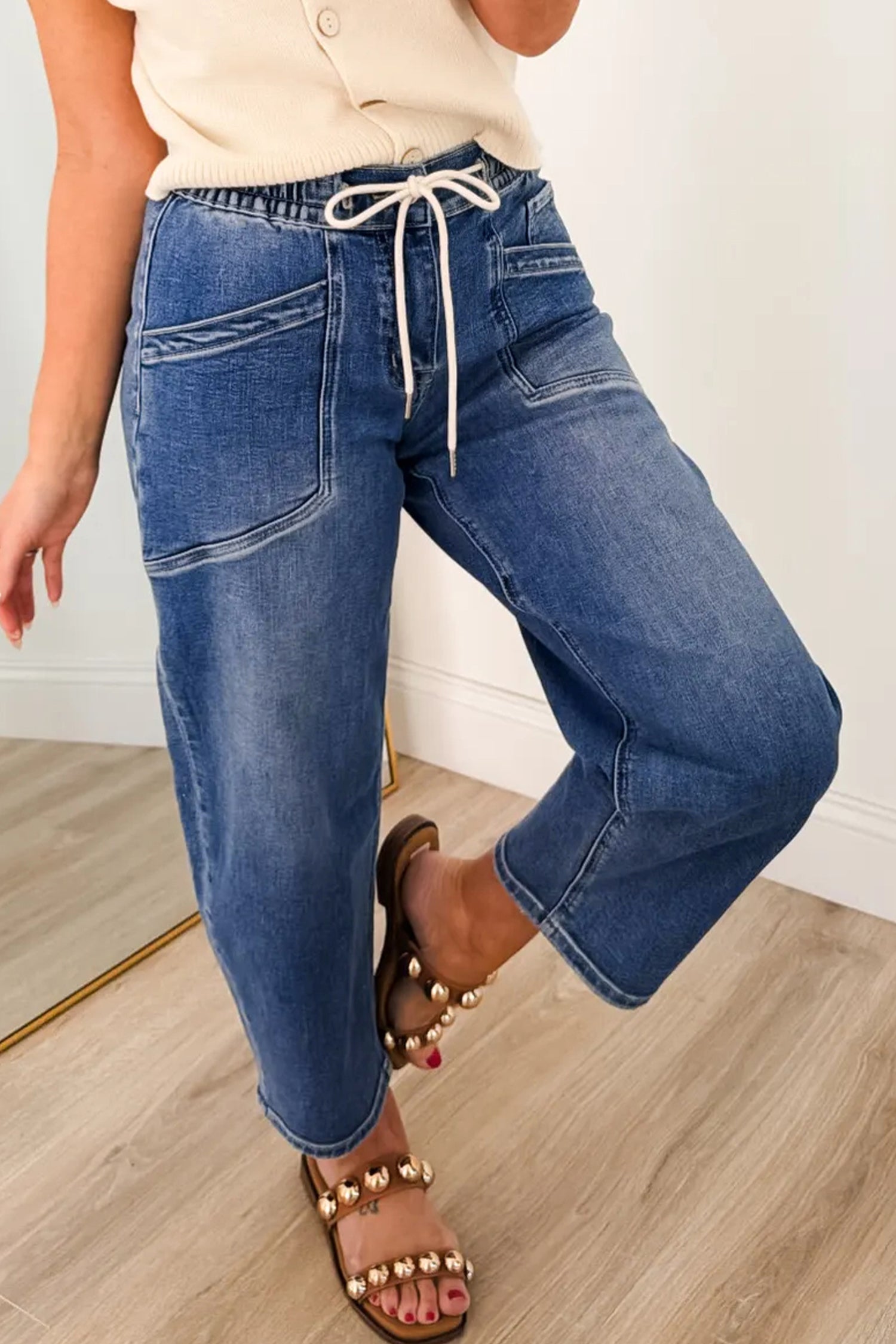 Ashleigh Blue Drawstring Waist Ankle Length Casual Jeans Pocket Detail Denim Pants