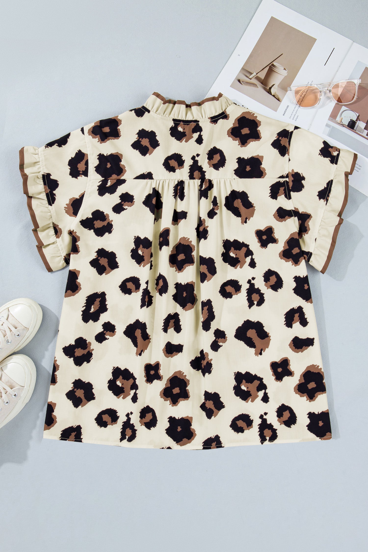 Plus Size Leopard Print Frilled Color Block Trim Button Down Short Sleeve Top