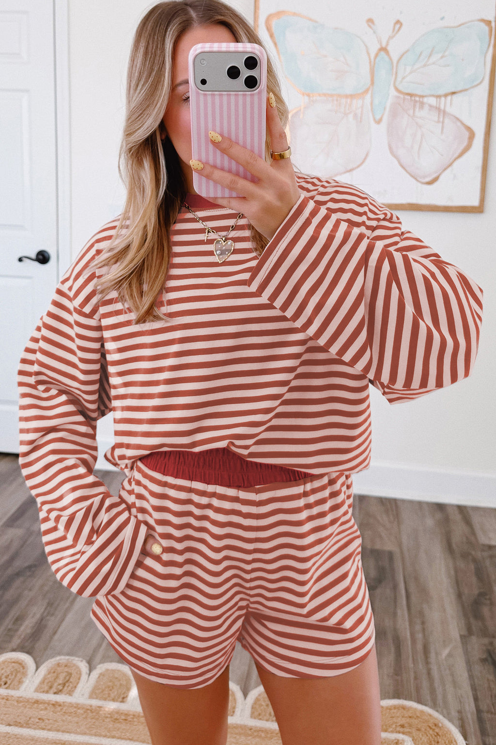 Stripe Relaxed Long Sleeve Top Contrast Elastic Waistband Two Piece Set