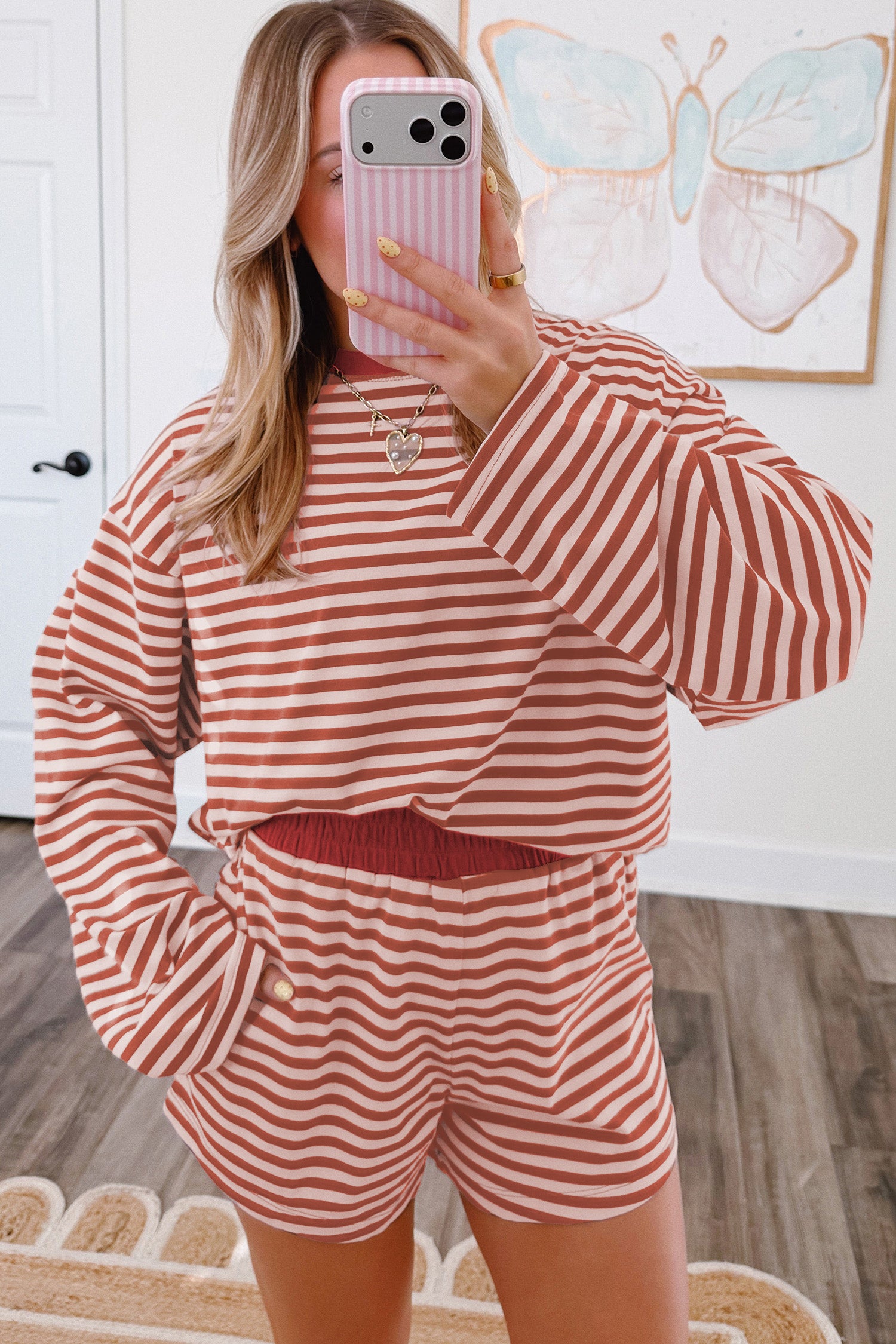 Stripe Relaxed Long Sleeve Top Contrast Elastic Waistband Two Piece Set