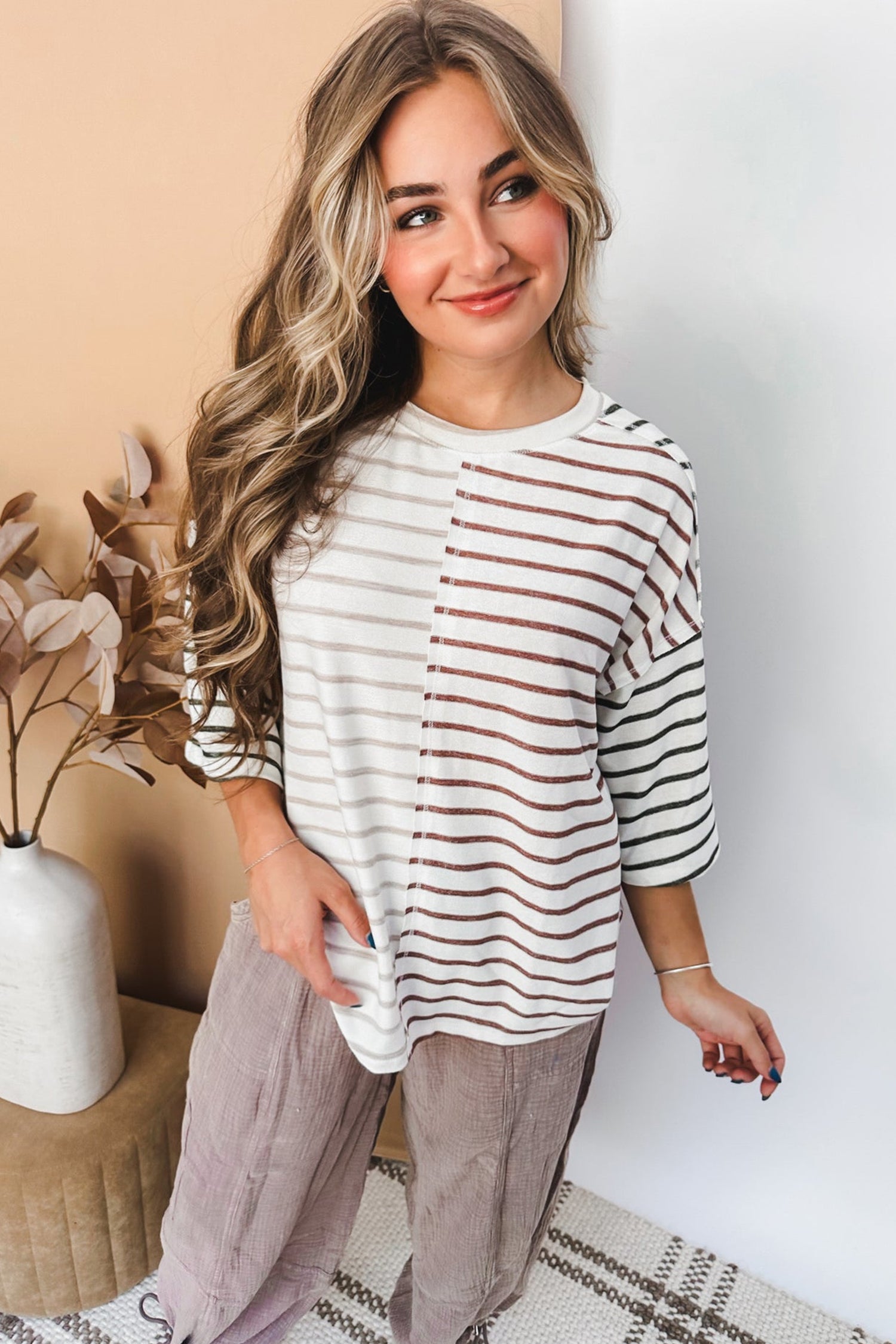 Stripe Colorblock 3/4 Sleeve Loose Top