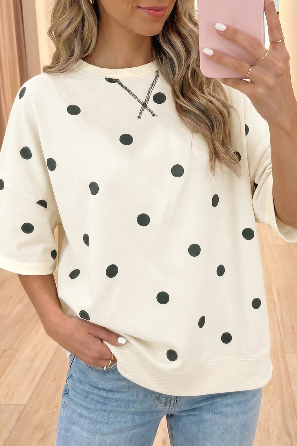 Sky Blue Polka Dot Print Crossed Seam Detail Oversize Top
