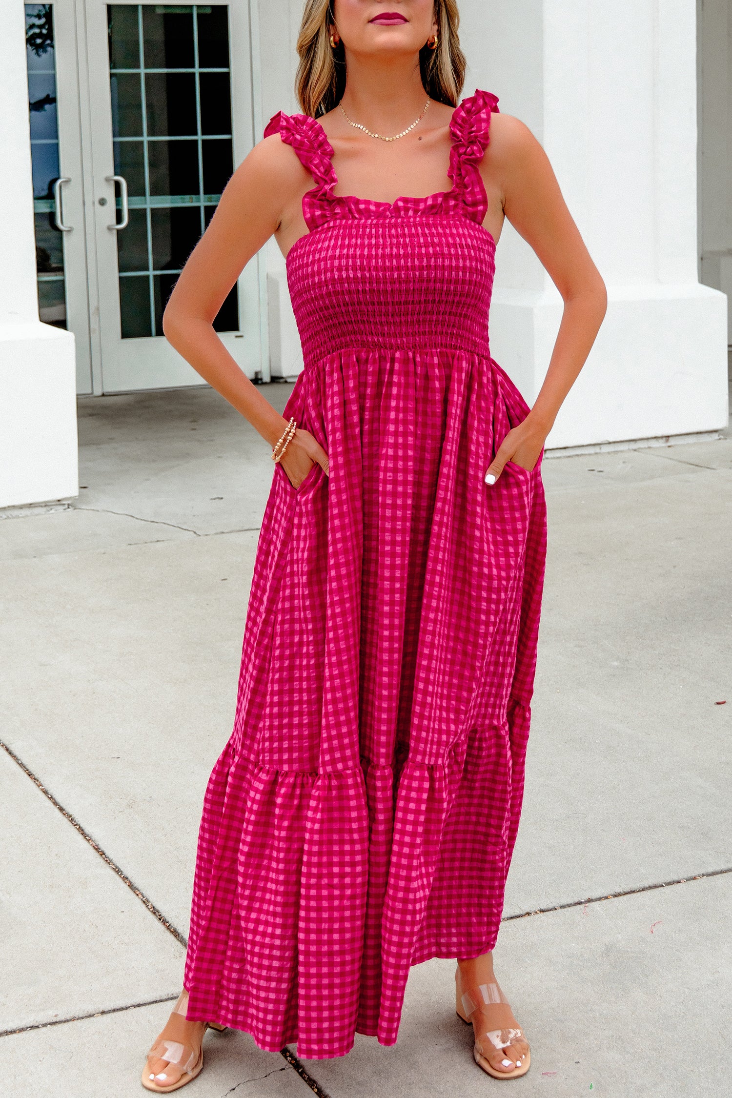 Red Plaid Square Neck Fit-and-flared Sundress
