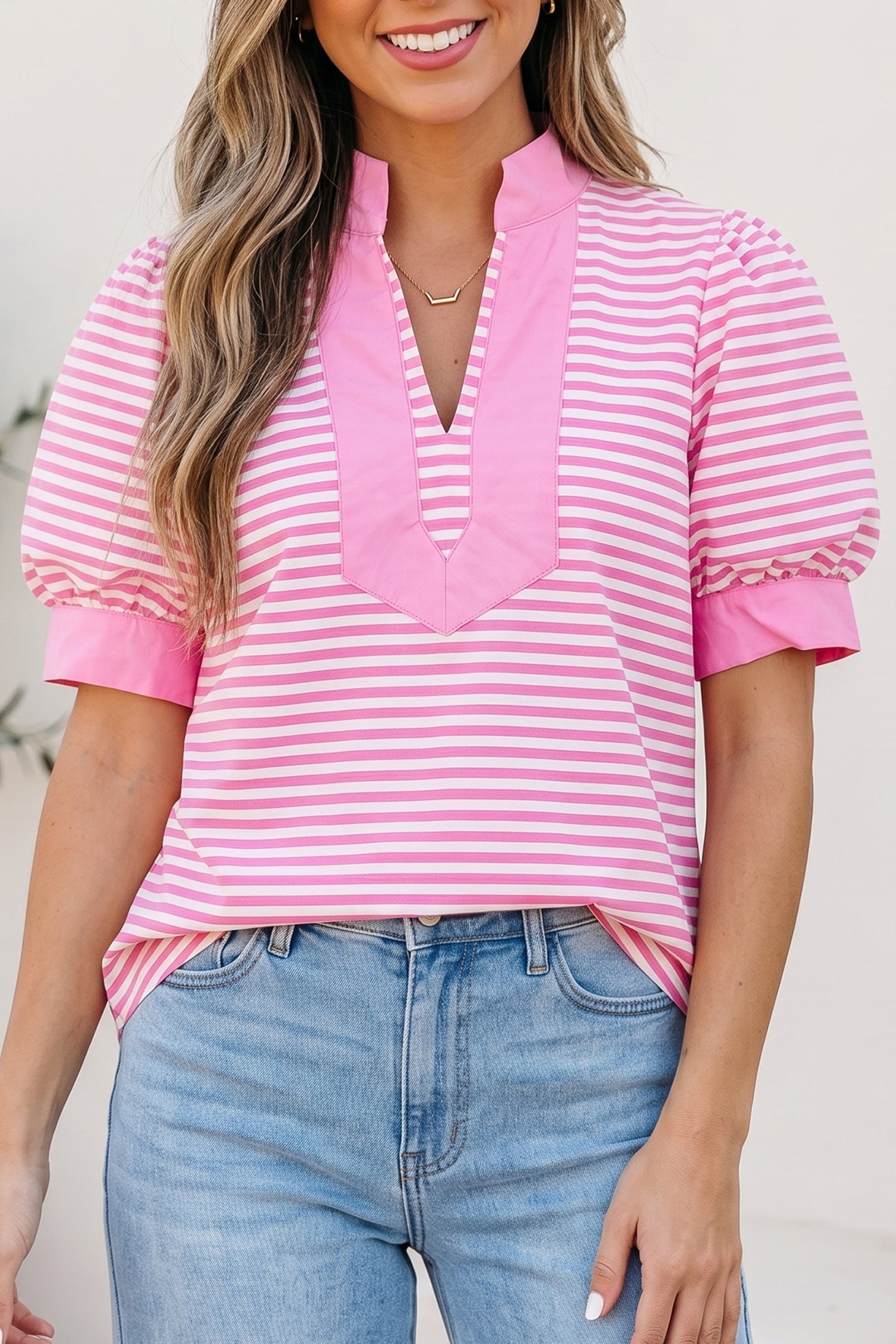 Pink Stripe Color Block Detail Split Neck Short Sleeve Top