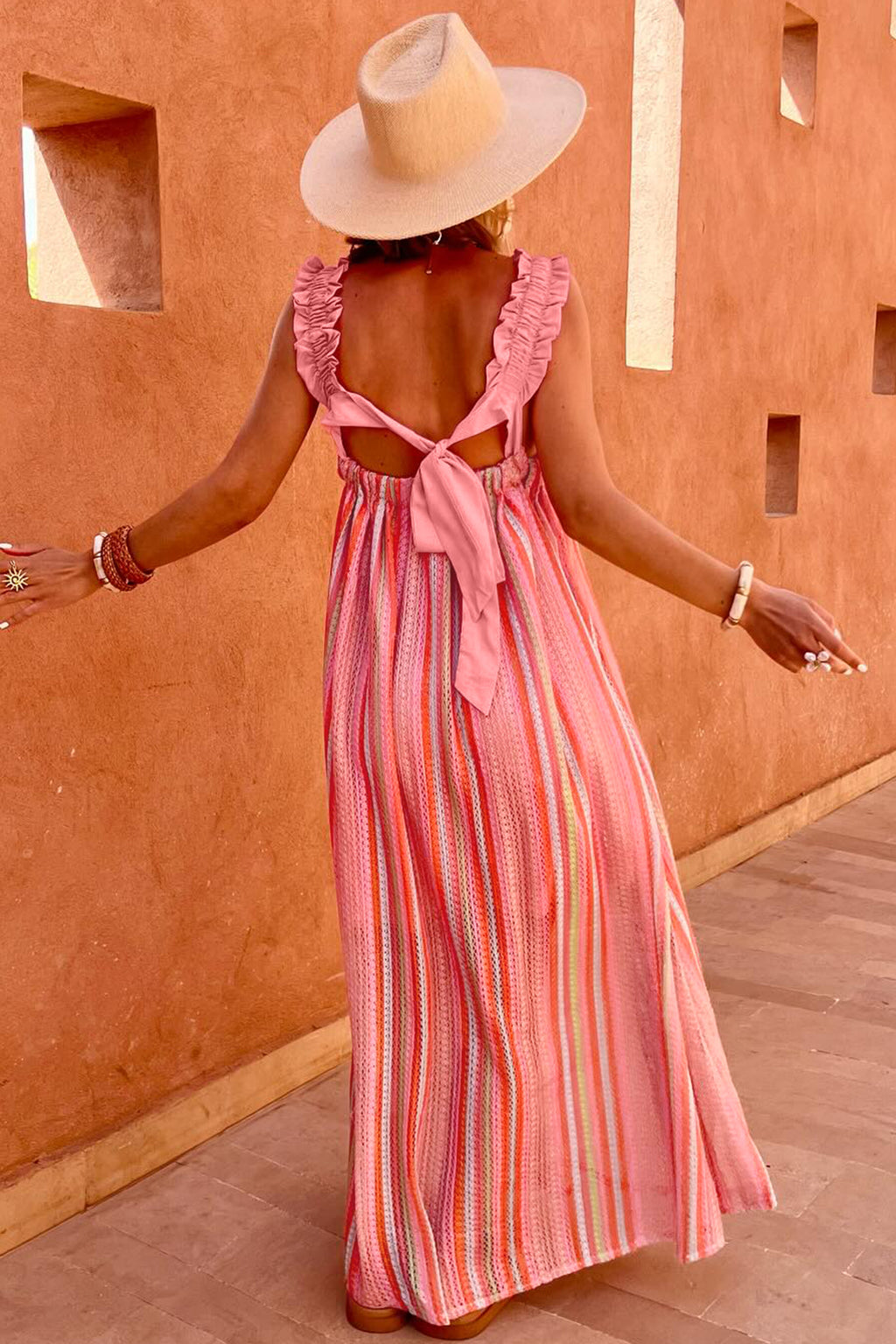 Pink Stripe Ruffled Straps Ribbon Knot Maxi Dress