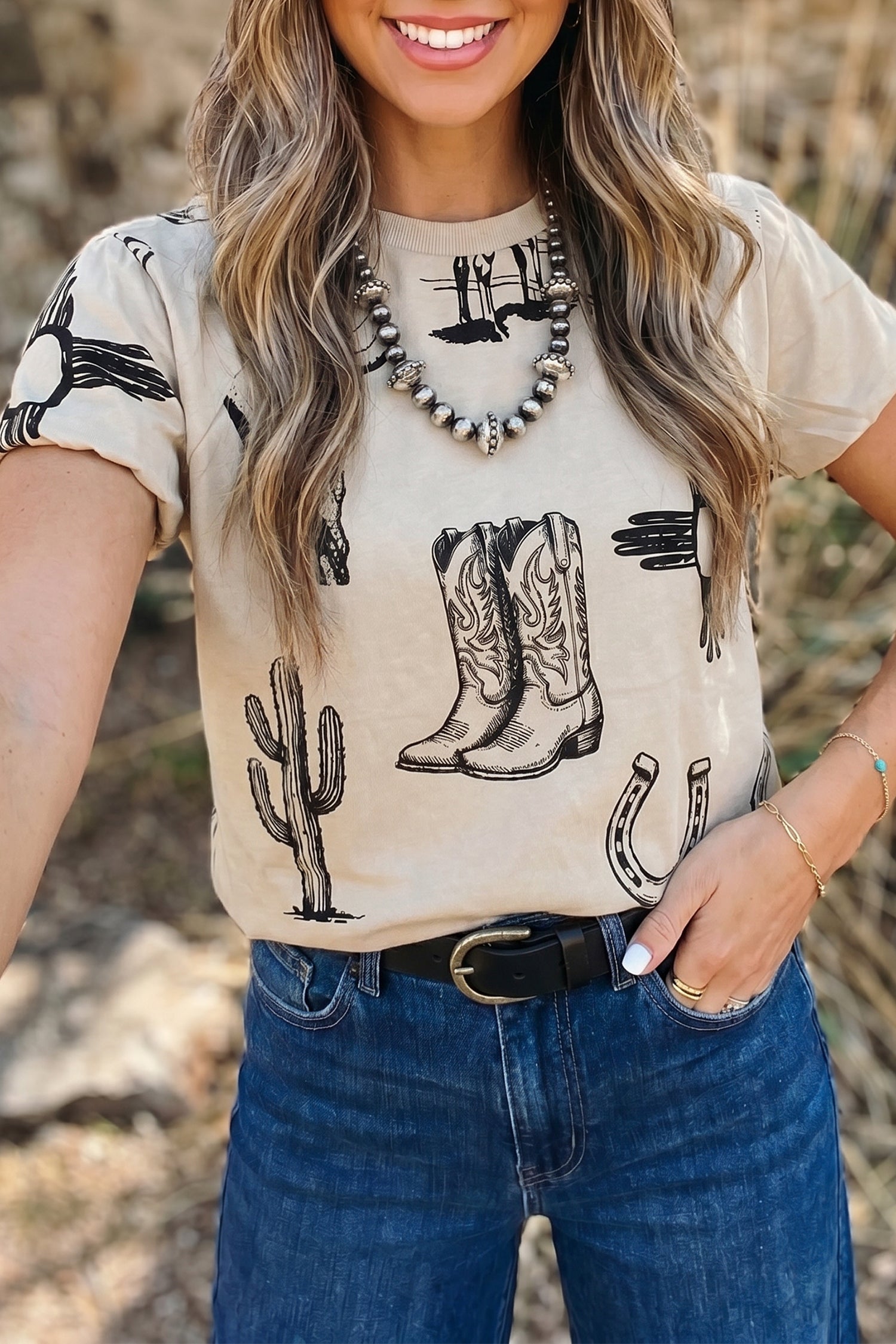 Beige Retro Western Print Top