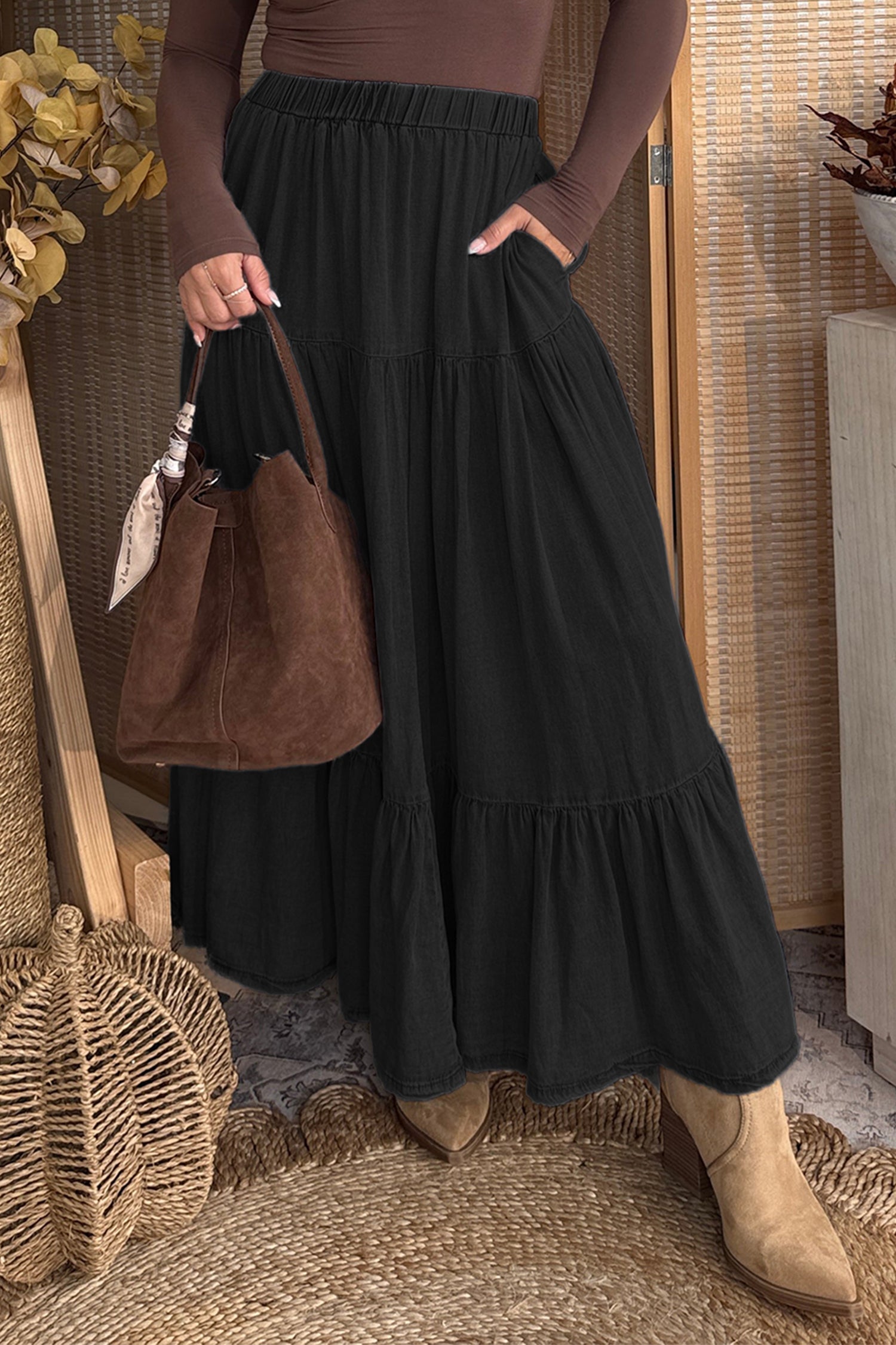 Elastic Waist Tiered Maxi Skirt