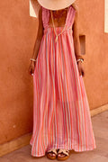 Pink Stripe Ruffled Straps Ribbon Knot Maxi Dress