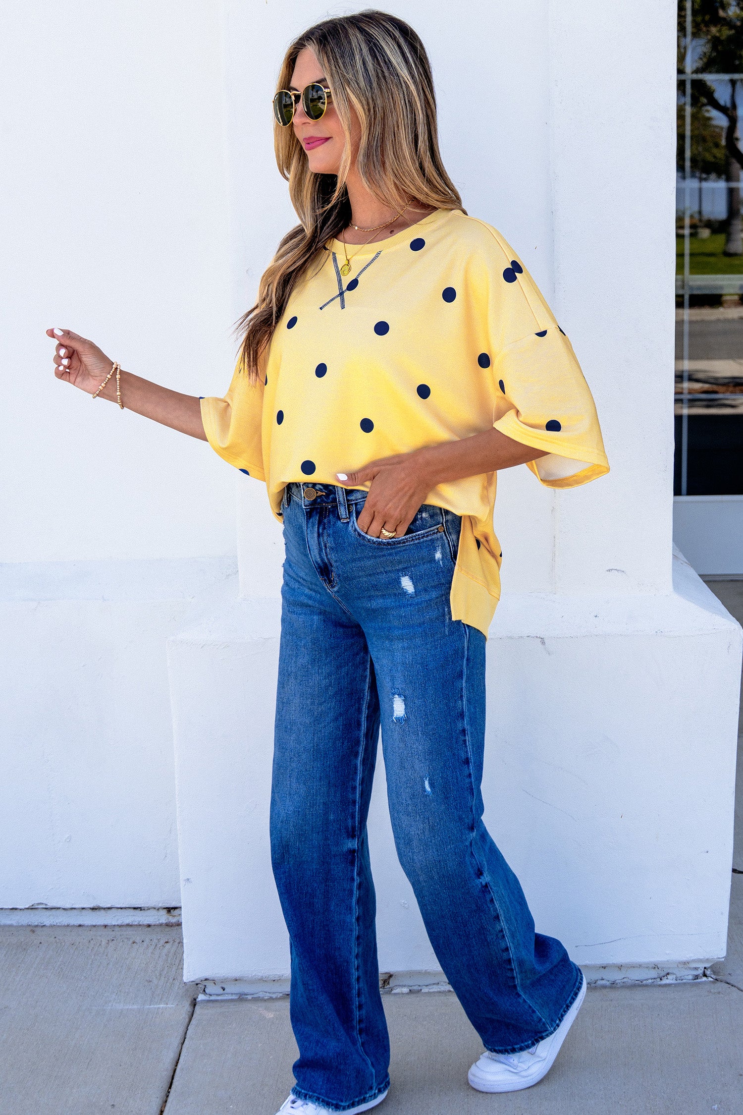 Sky Blue Polka Dot Print Crossed Seam Detail Oversize Top