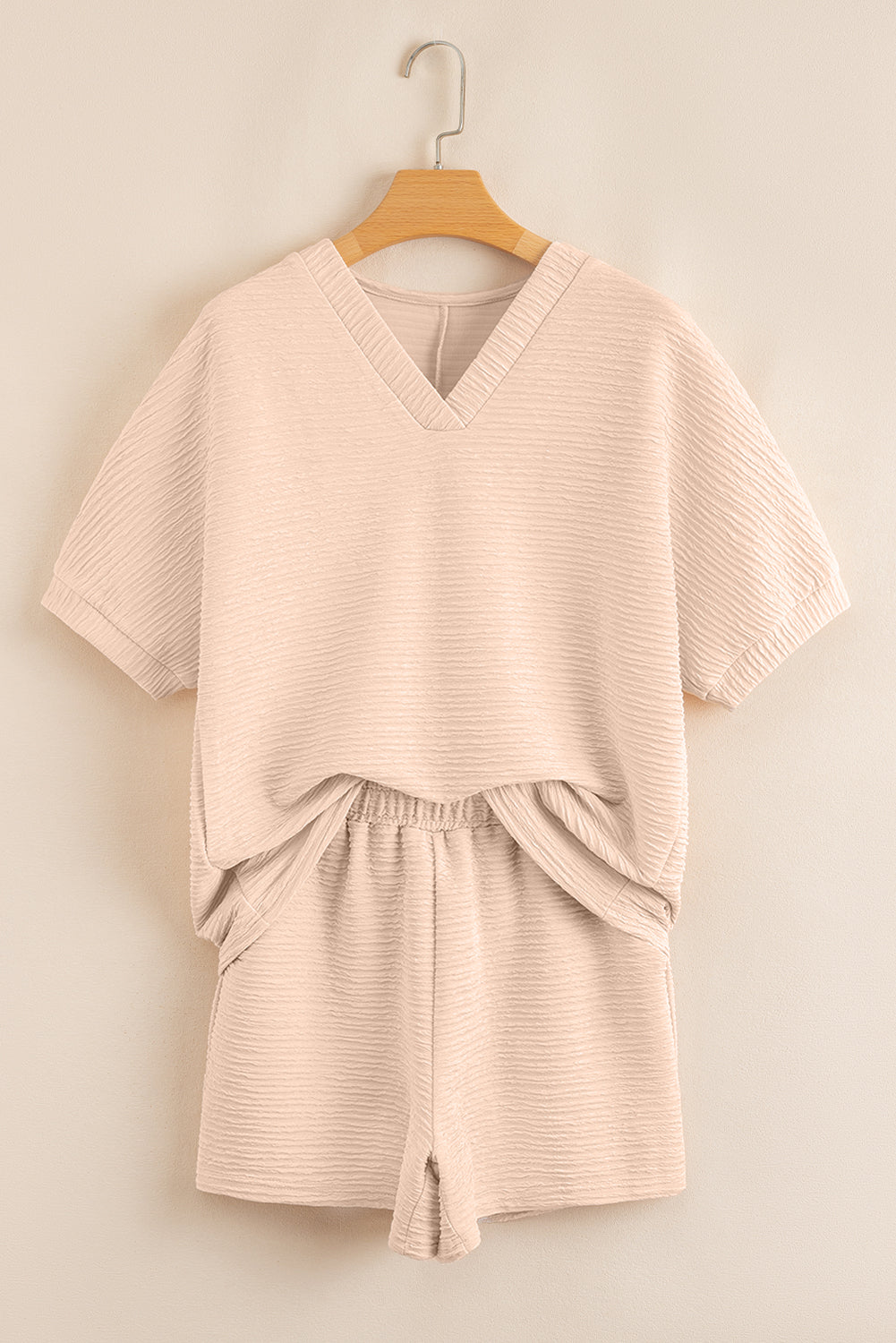 Pink Textured V Neck Shirt and Shorts Set