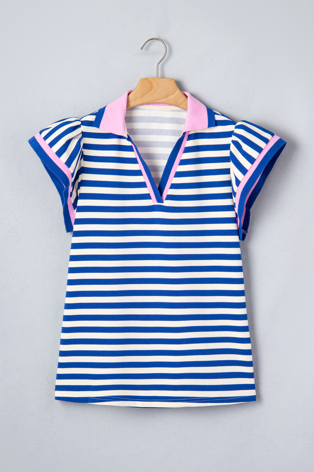 Green Stripe Contrast Trim Polo Collar Ruffled Short Sleeve Blouse
