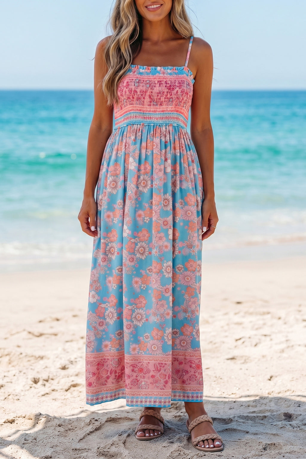 Sky Blue Bohemian Ethnic Print Spaghetti Straps Maxi Dress