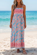 Sky Blue Bohemian Ethnic Print Spaghetti Straps Maxi Dress