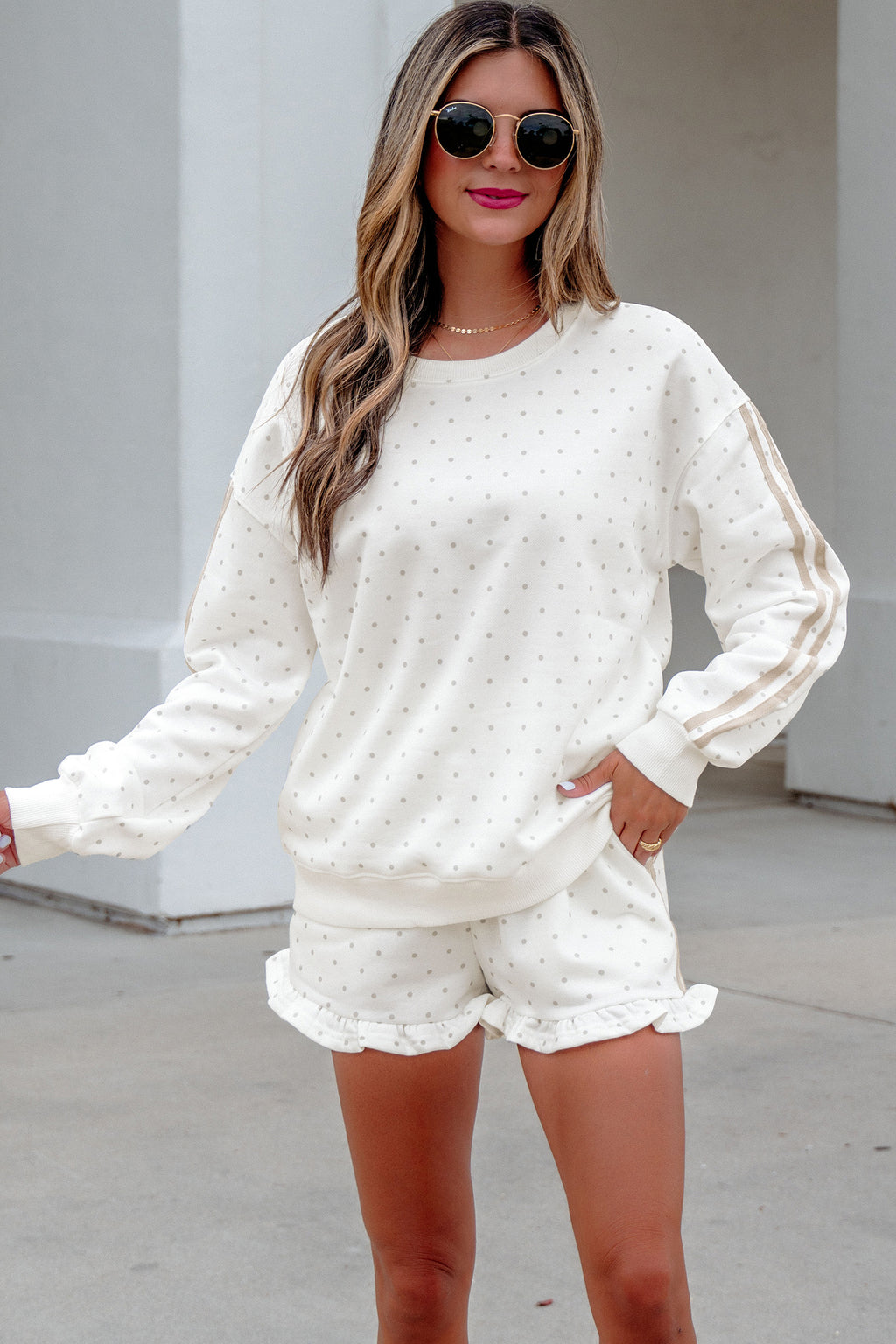 White Polka Dot Print Side Stripe Two Piece Set