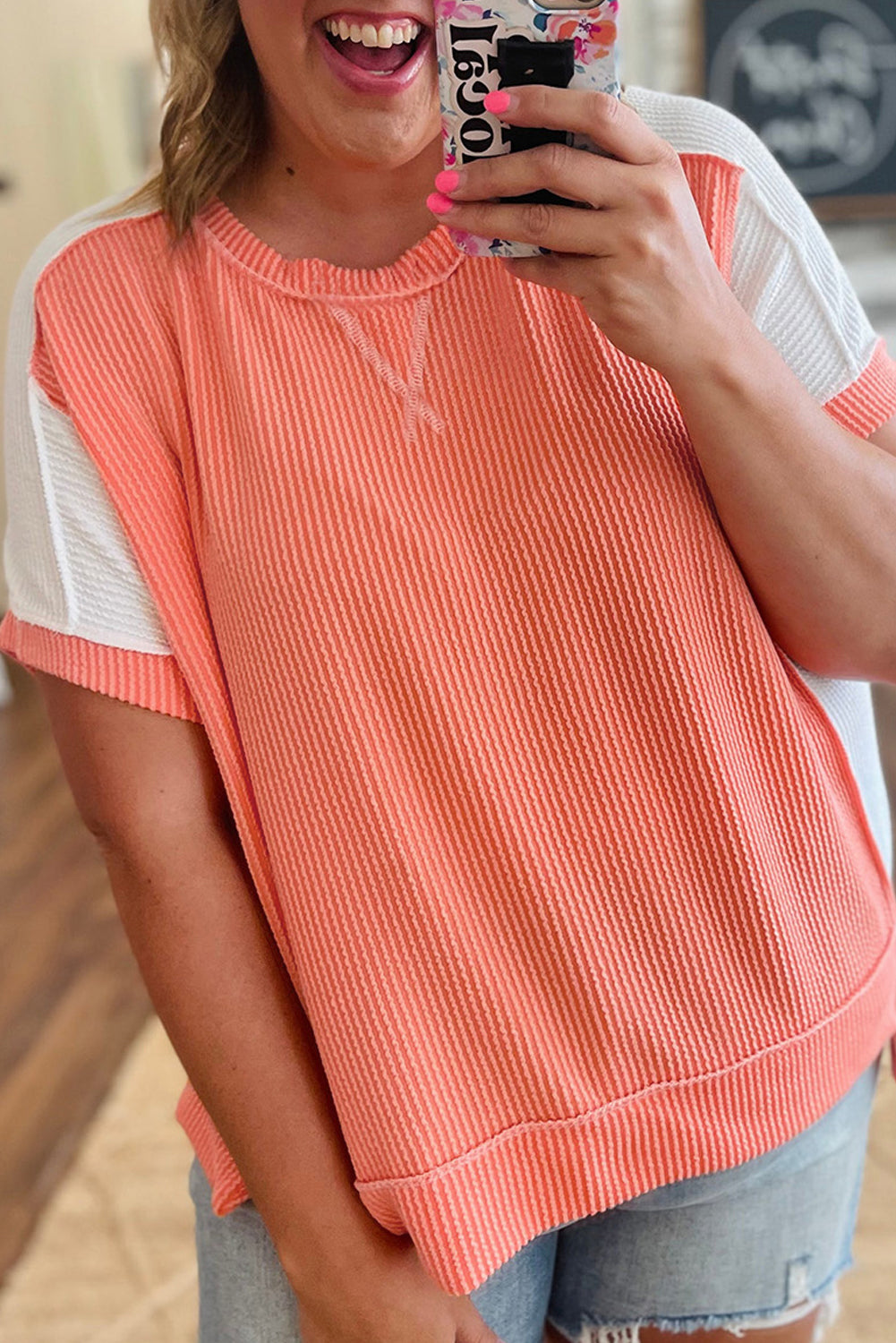 Twist Rib Colorblock Plus Size Short Sleeve Top