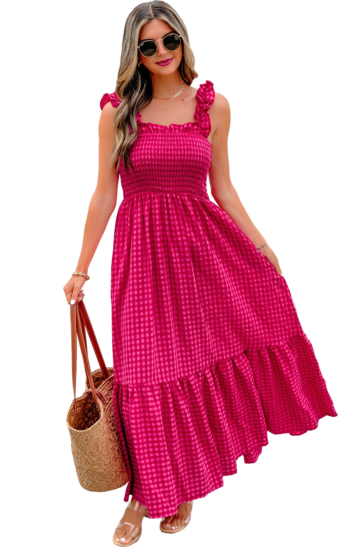 Red Plaid Square Neck Fit-and-flared Sundress
