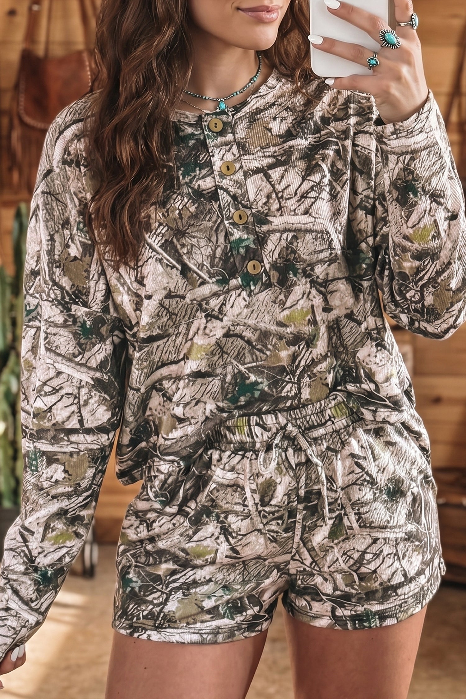 Camo Long Sleeve Elastic Waist Shorts Two Piece Set