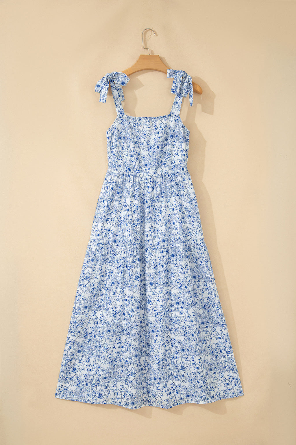 Sky Blue Floral Print Knot Straps High Waist Flared Maxi Dress
