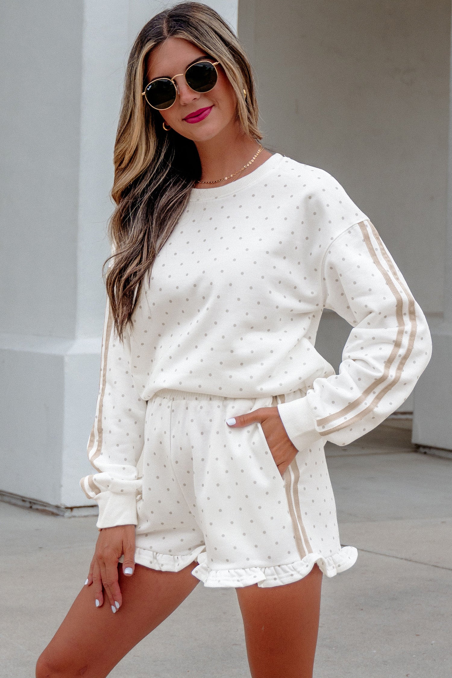 White Polka Dot Print Side Stripe Two Piece Set