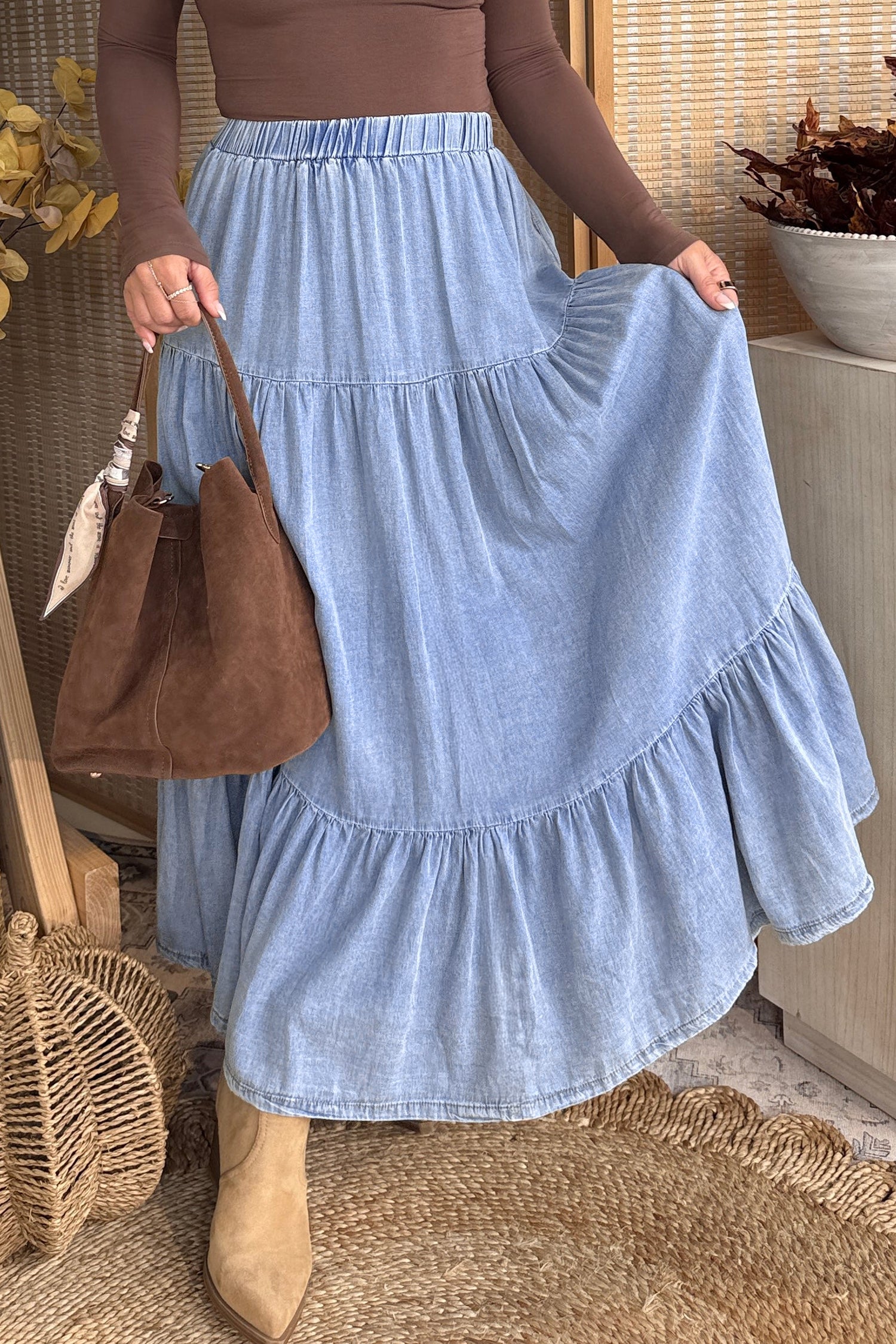Elastic Waist Tiered Maxi Skirt