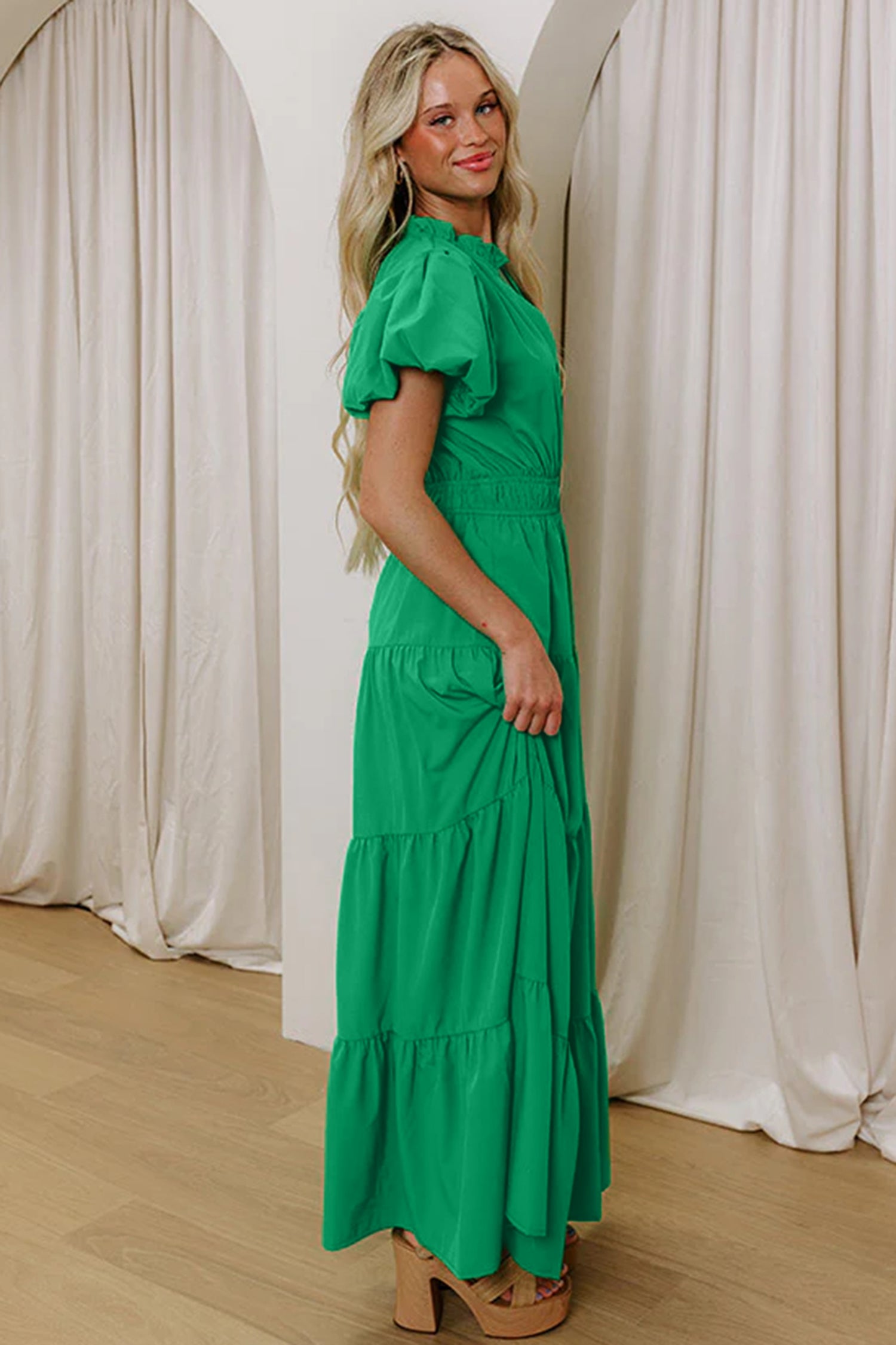 Green Solid Color V Neck Short Puff Sleeve High Waist Tiered Maxi Dress
