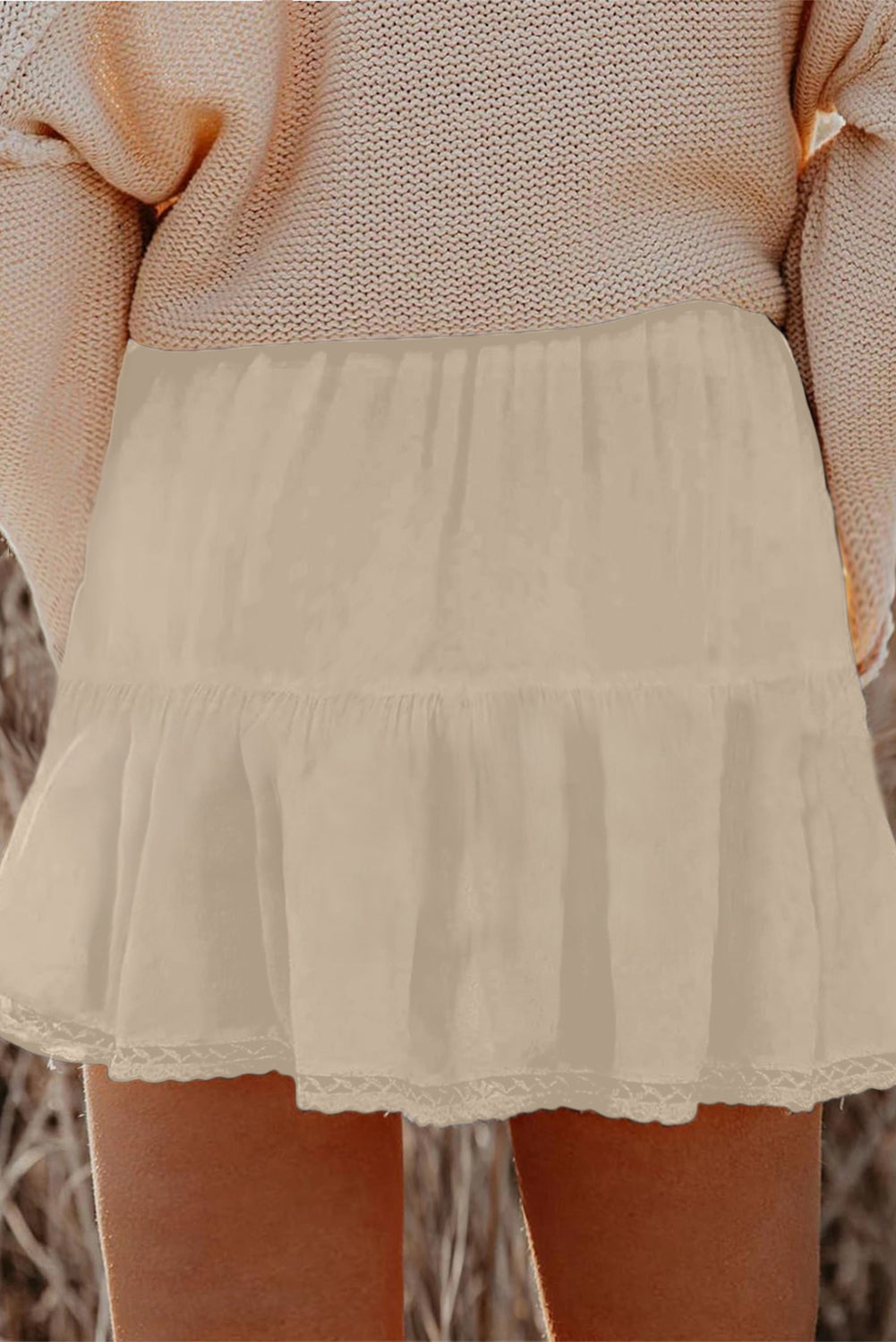 Plus Size Frilled Elastic Waist Lace Trim Boho Ruffled Skort
