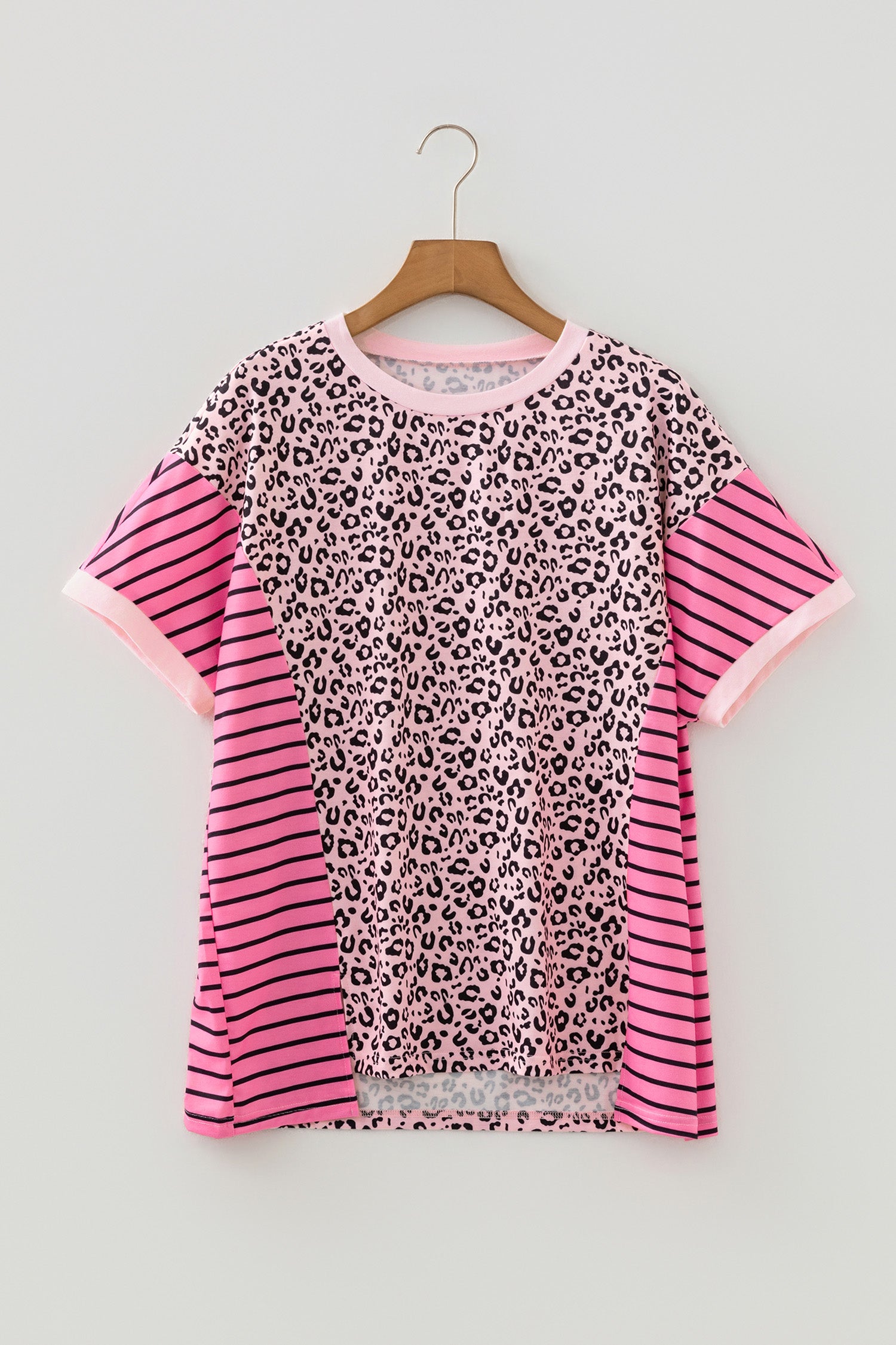 Pink Leopard Striped Contrast Patchwork Plus Size Top