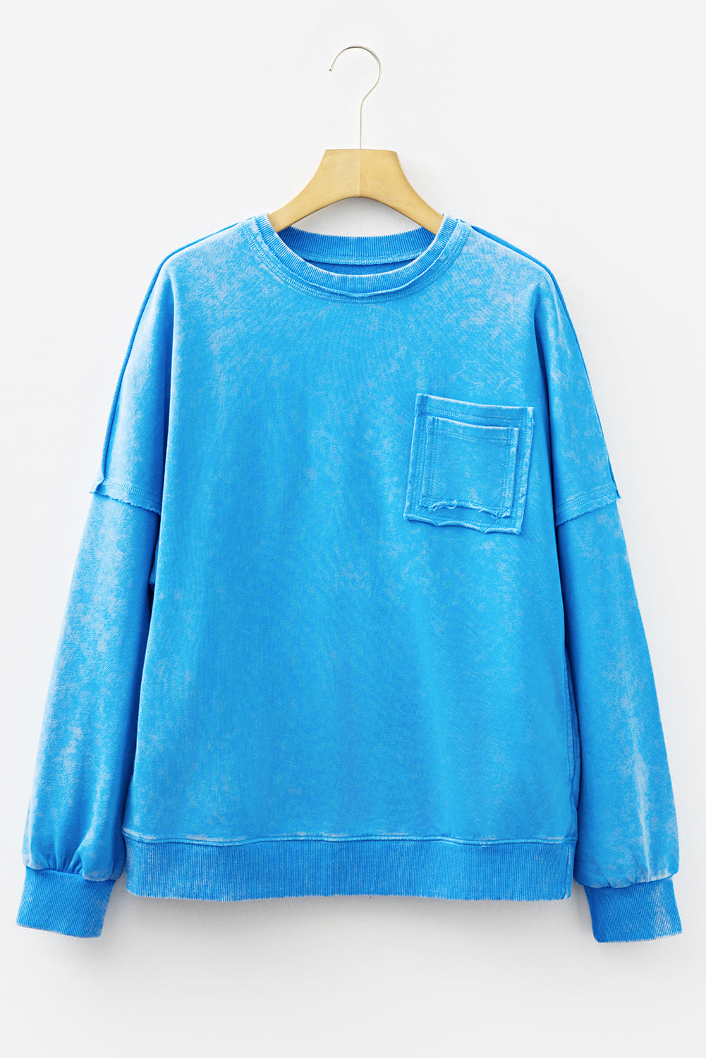 Blue Mineral Wash Raw Seam Double Patched Pocket Sweatshirt