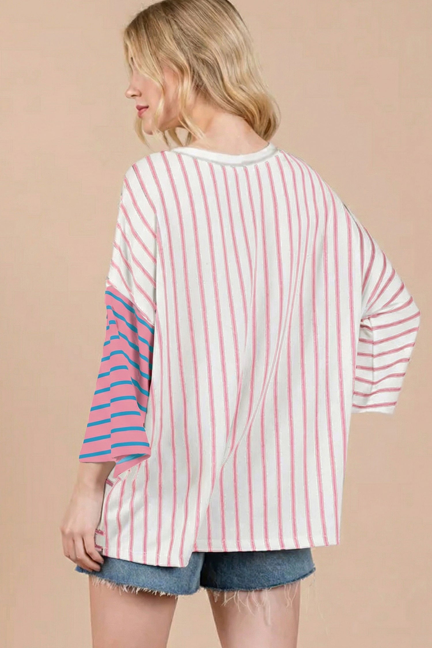 Stripe Colorblock 3/4 Sleeve Loose Top