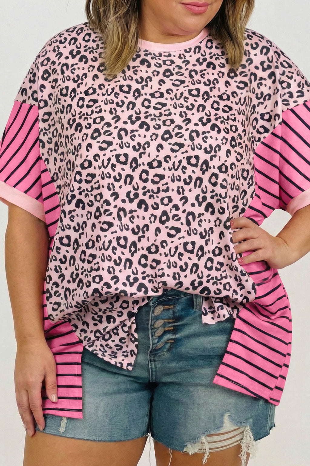Pink Leopard Striped Contrast Patchwork Plus Size Top