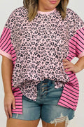 Pink Leopard Striped Contrast Patchwork Plus Size Top
