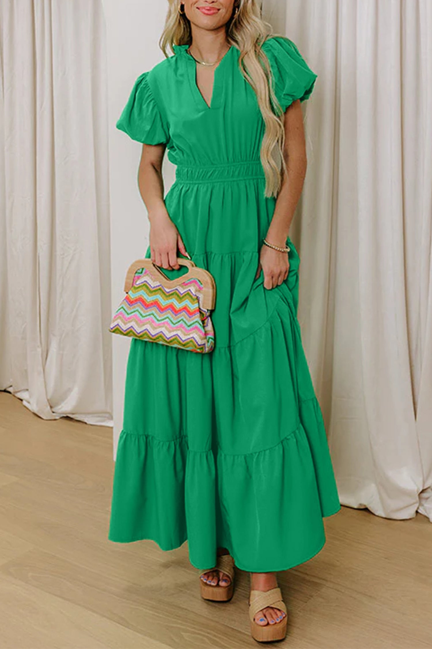 Green Solid Color V Neck Short Puff Sleeve High Waist Tiered Maxi Dress