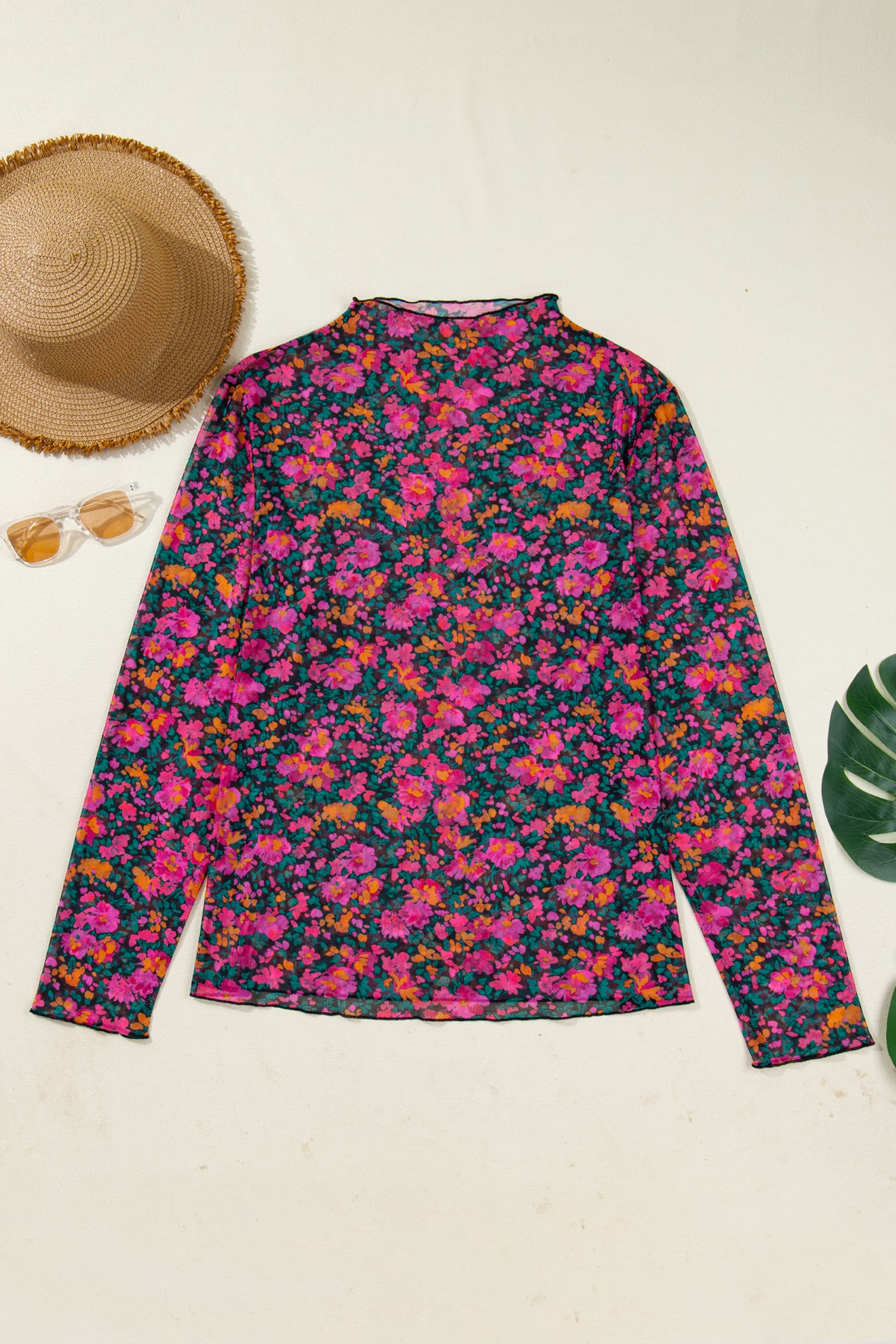 Plus Size Vintage Floral Print Mesh Long Sleeve Top