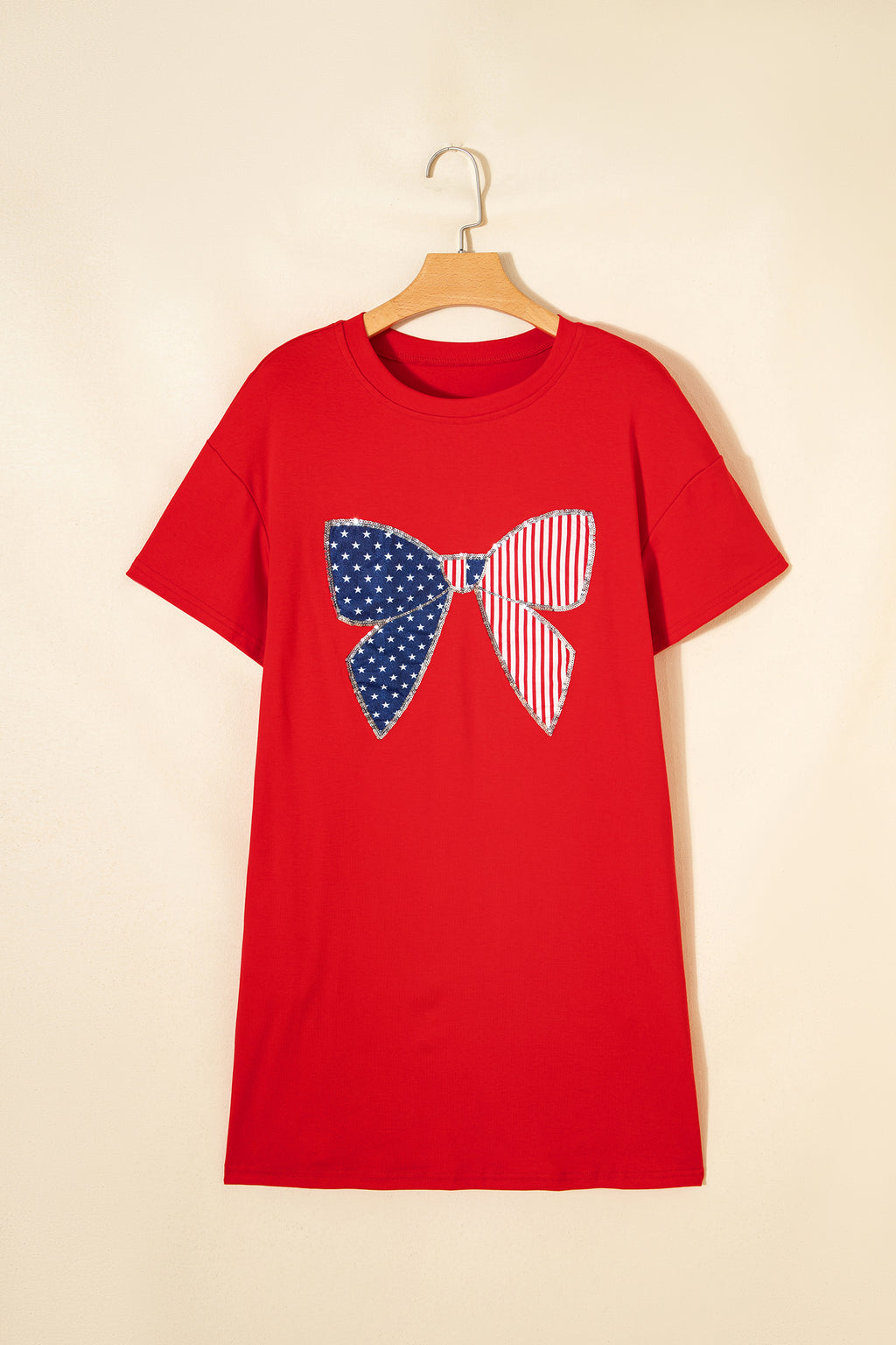 Fiery Red Sequin Trim Stars and Stripes Bow Patched Shirt Mini Dress