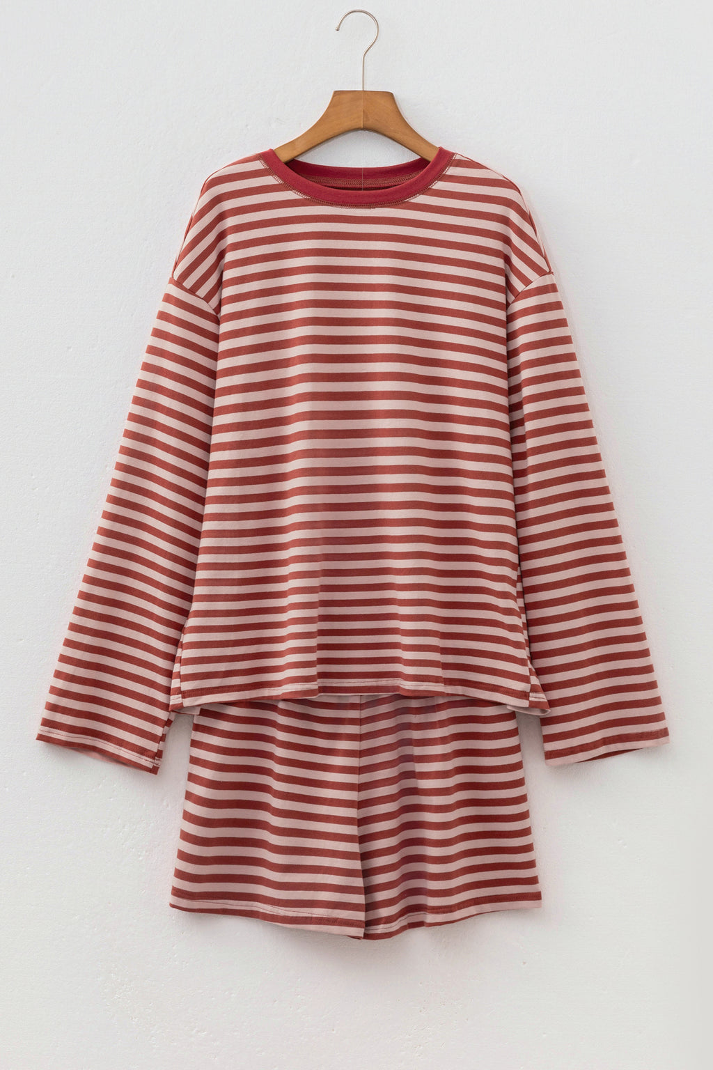 Stripe Relaxed Long Sleeve Top Contrast Elastic Waistband Two Piece Set