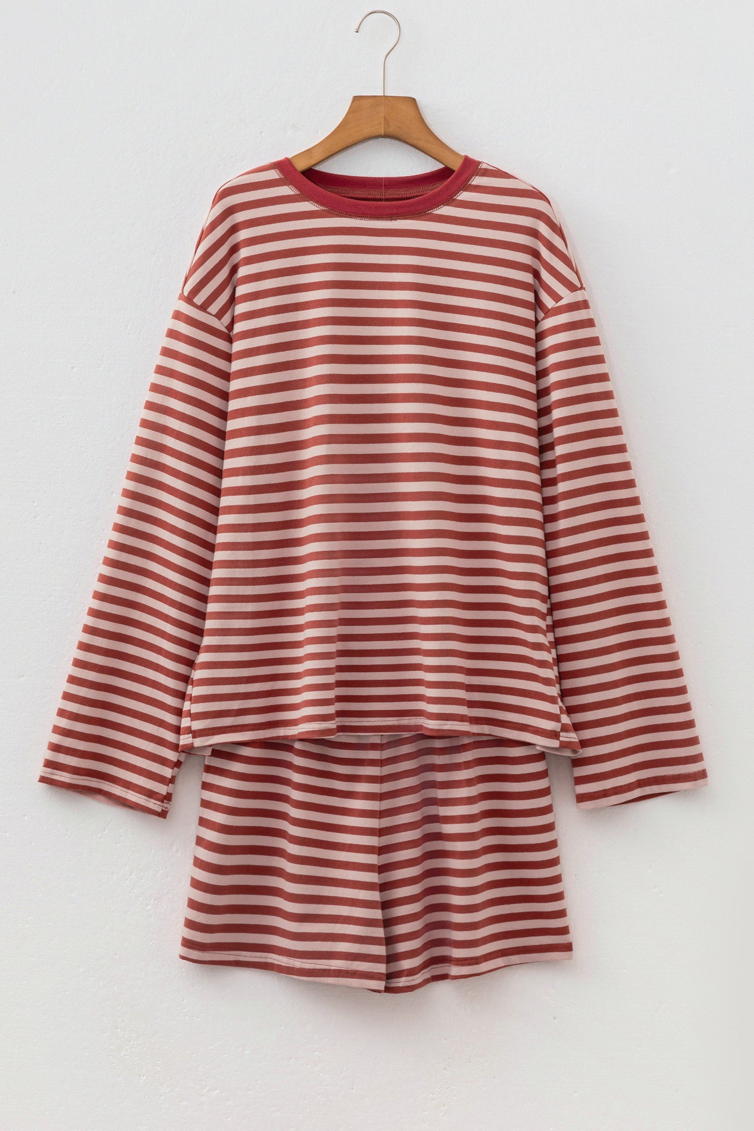 Stripe Relaxed Long Sleeve Top Contrast Elastic Waistband Two Piece Set