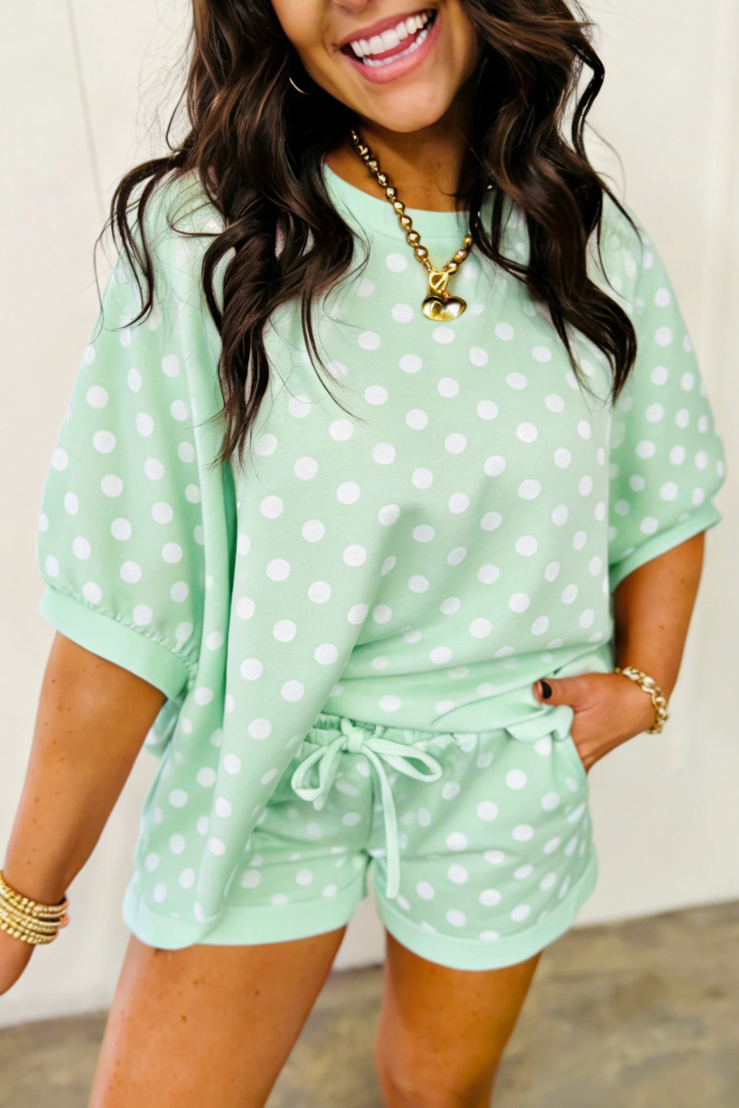 Polka Dot Oversized Top Drawstring Short Set