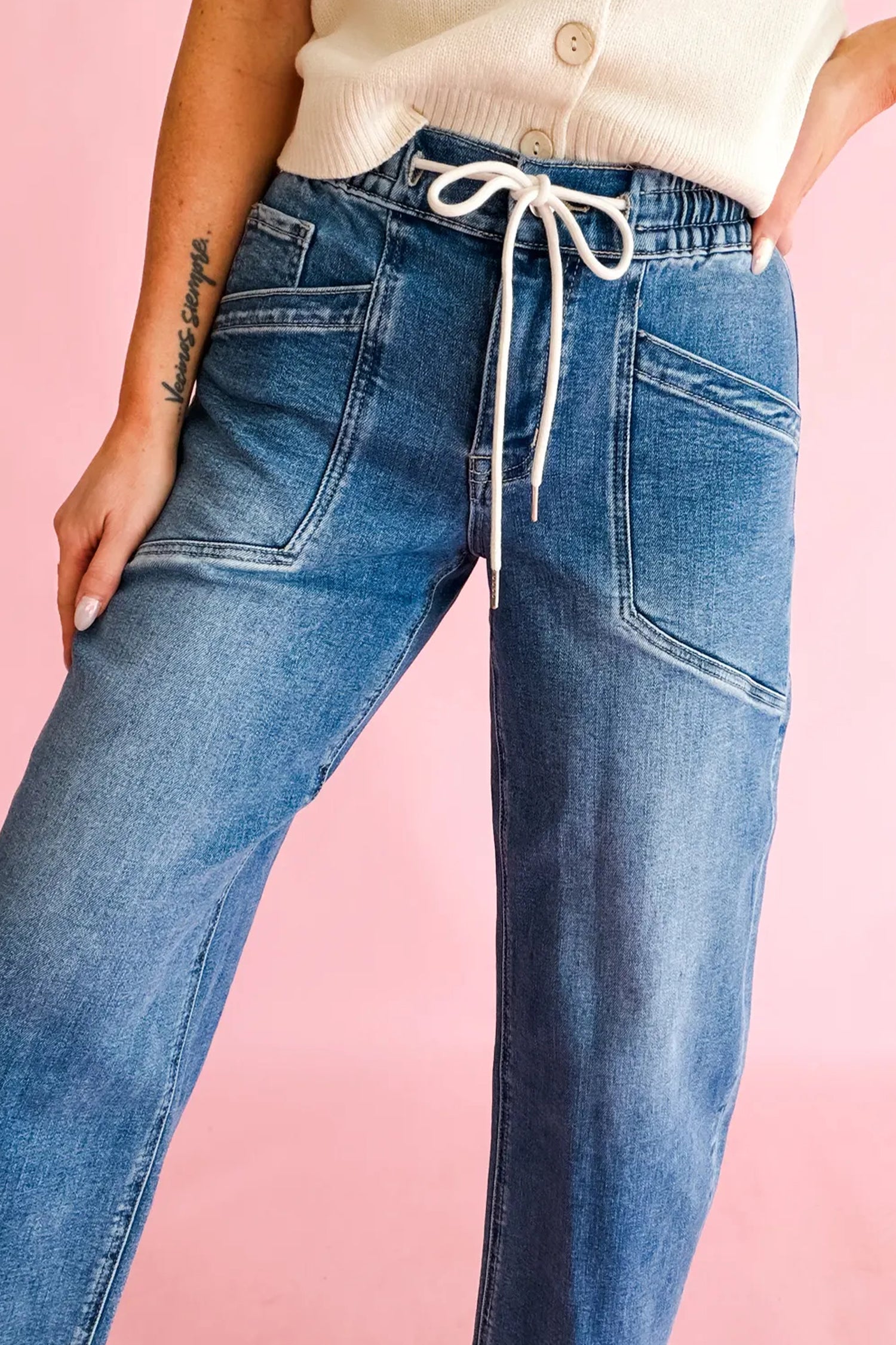 Ashleigh Blue Drawstring Waist Ankle Length Casual Jeans Pocket Detail Denim Pants