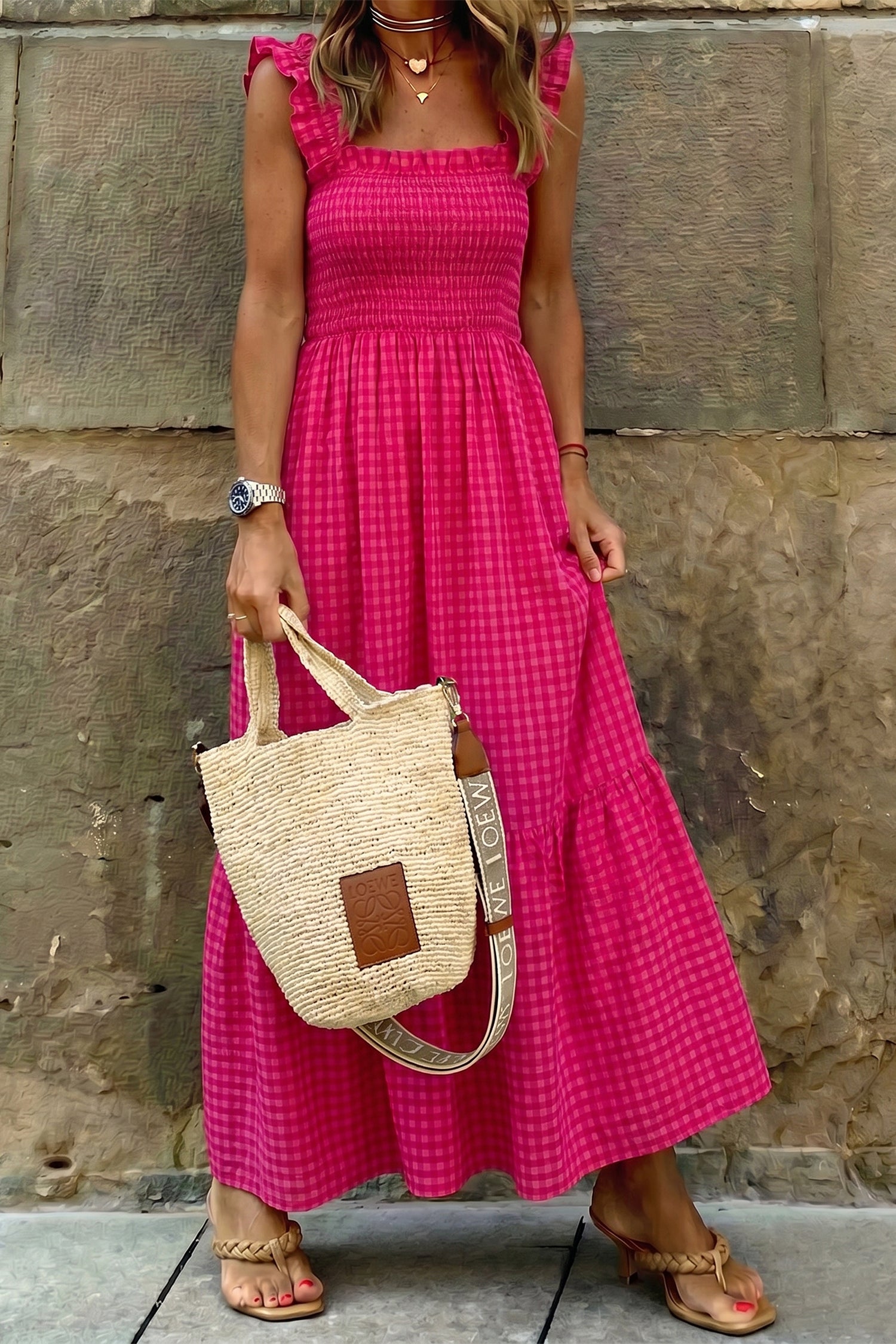 Red Plaid Square Neck Fit-and-flared Sundress