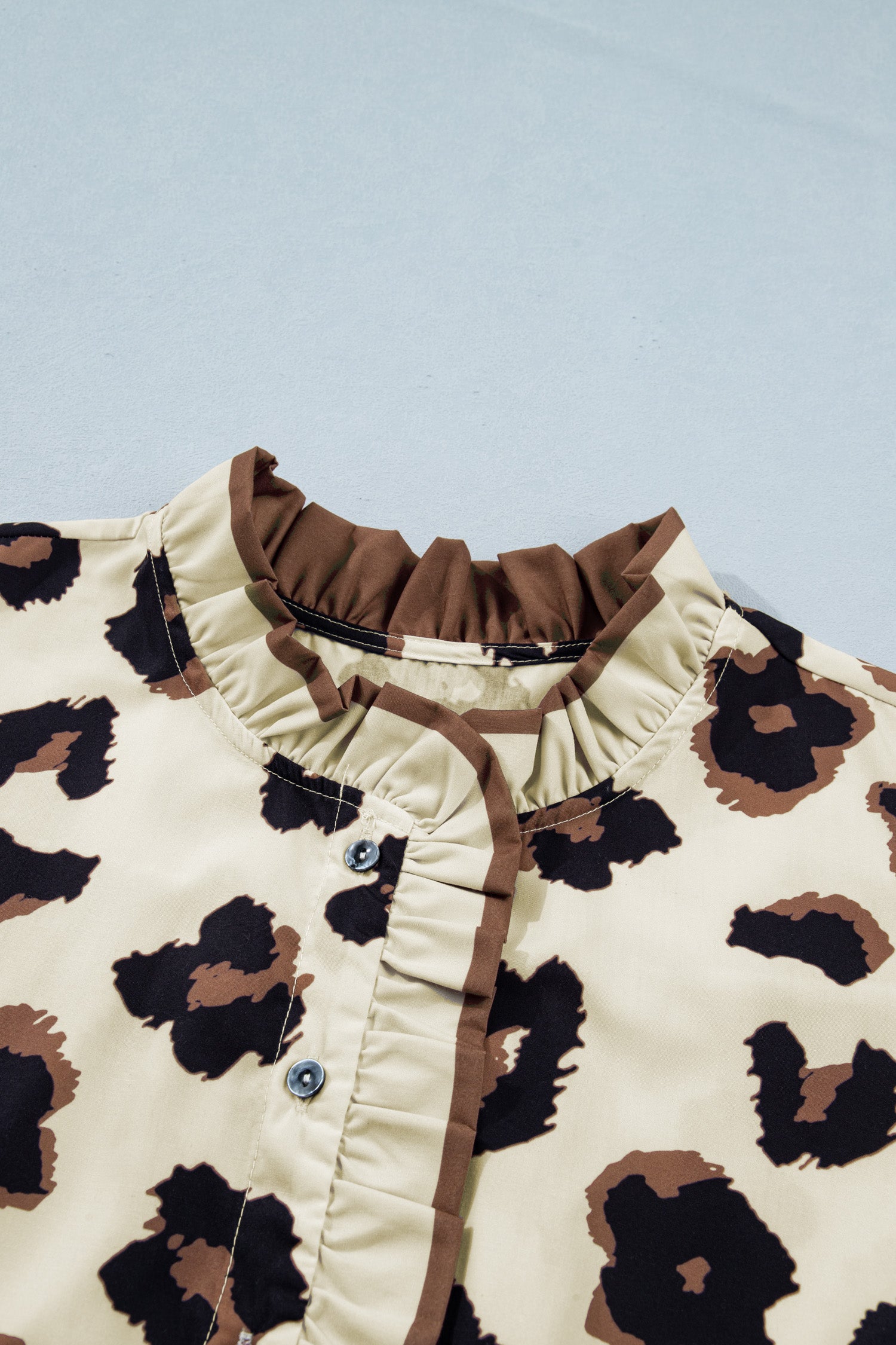 Plus Size Leopard Print Frilled Color Block Trim Button Down Short Sleeve Top