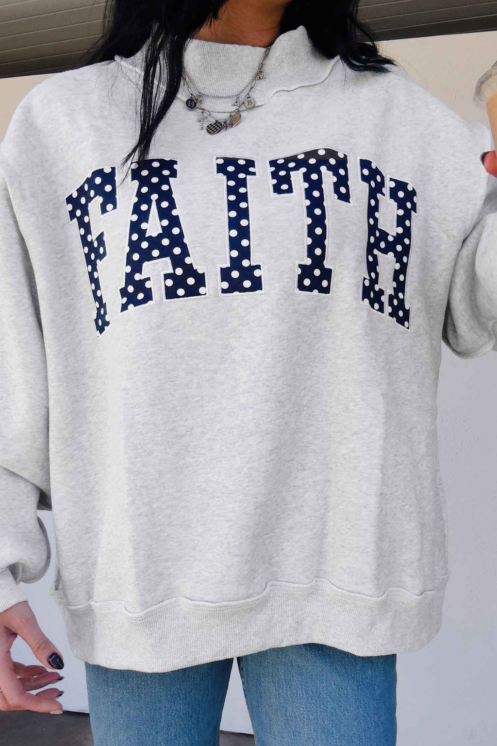 Light Grey High Neck Polka Dot Slogan Printed Sweatshirt
